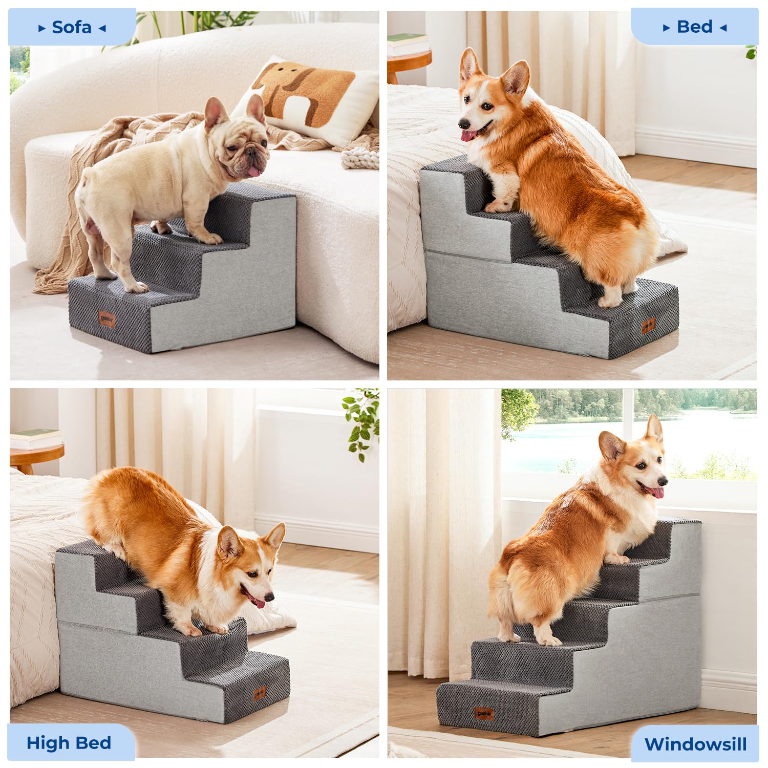 Zomisia Dog Steps For Couch - Extra Wide Pet Stairs For Small Dogs And Cats, Dog Steps With Non-Slip Bottom Grey 3 Steps, Grey