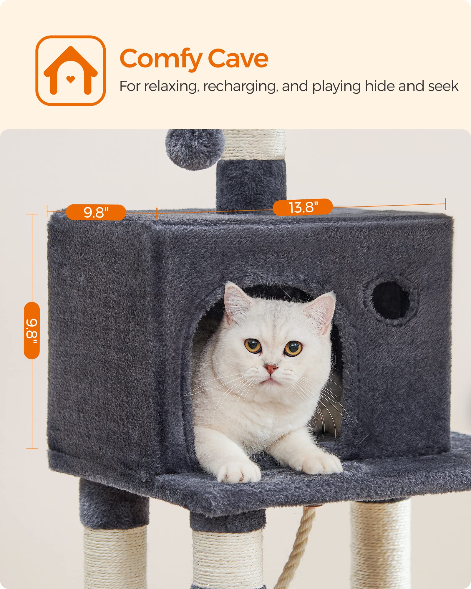 Feandrea Cat Tree, 44.1-Inch Cat Tower For Indoor Cats, Multi-Level Cat Condo With 11 Scratching Posts, 2 Perches, Cave, Hammock