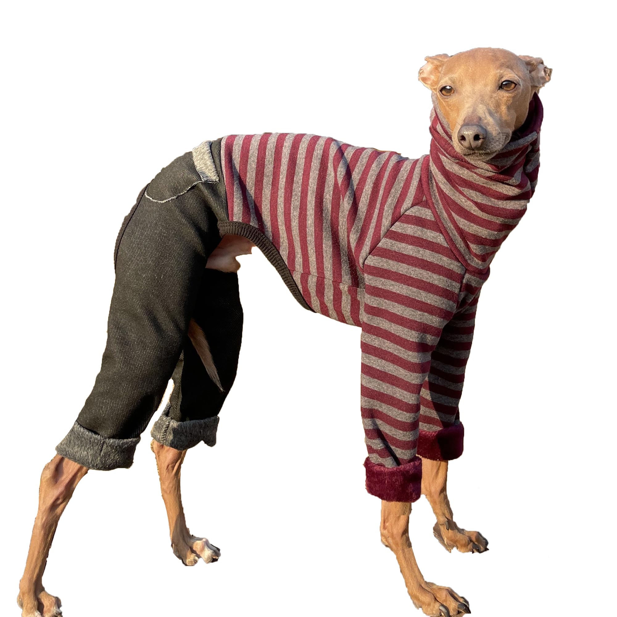 D Doggy Star Italian Greyhound Clothes Stripe Fleece Stretchable Denim Onesie Whippet For Dog Turtleneck Outfits Coat (2Xl,Denim
