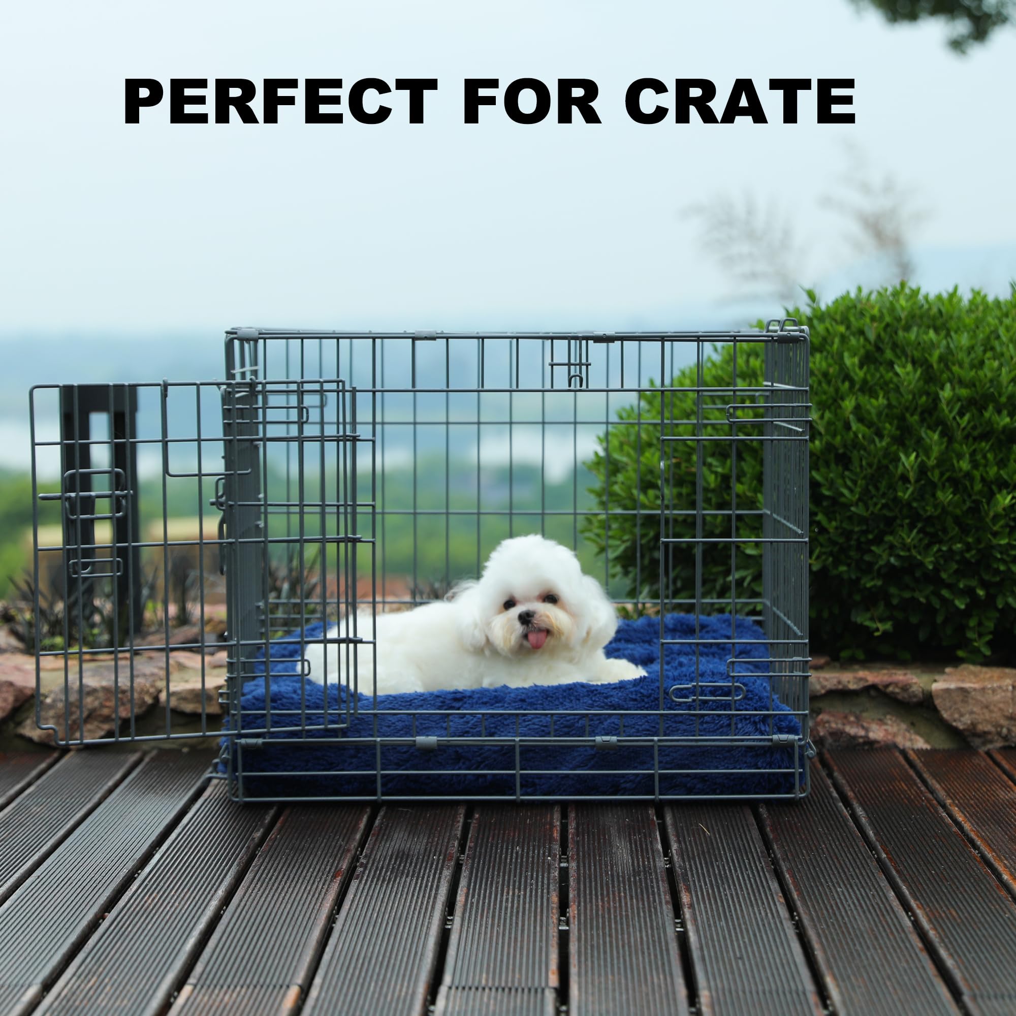Bedfolks Waterproof Dog Crate Pad, Plush Dog Kennel Bed With Removable Cover, Faux Fur, Washable, 21''X13'', Dark Blue