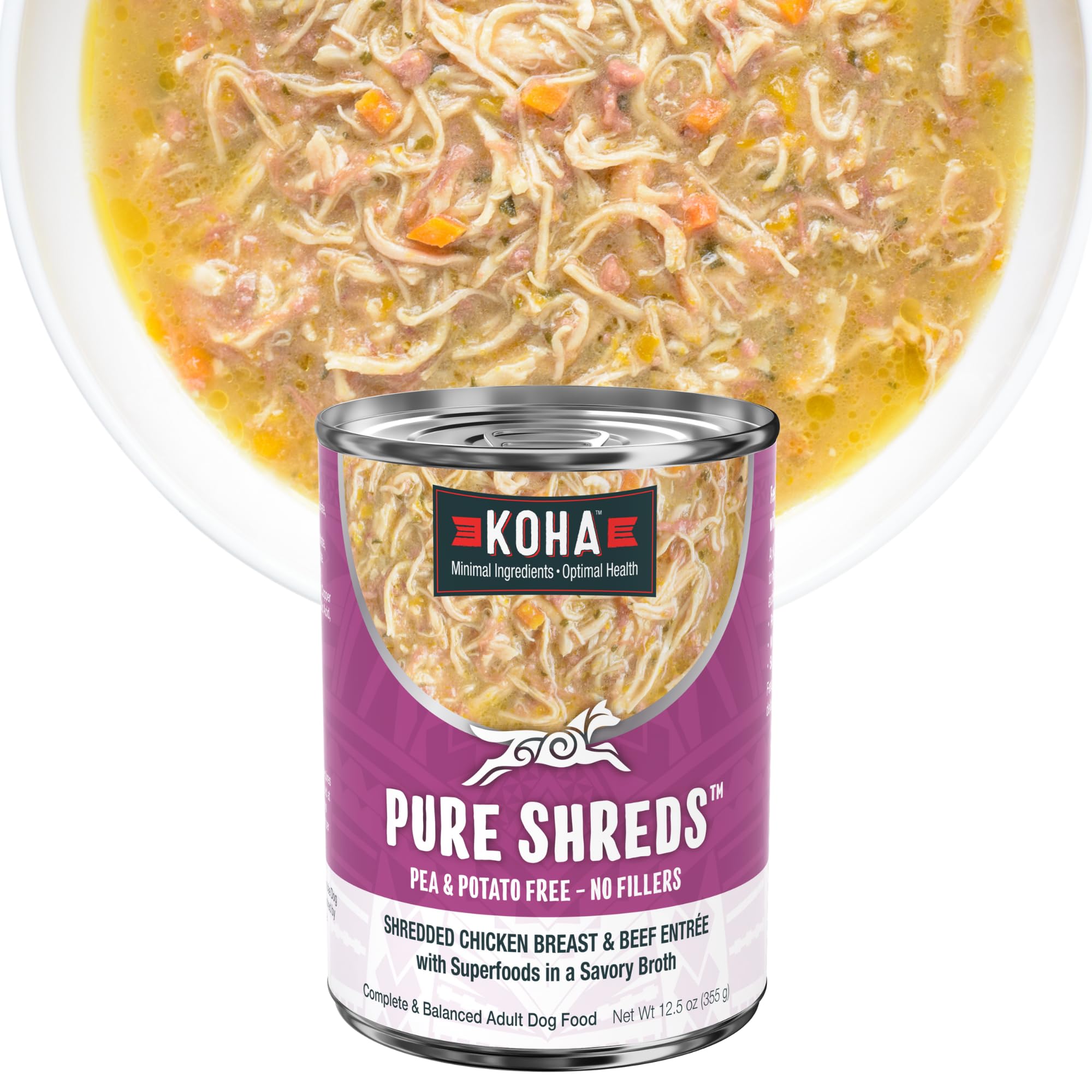 KOHA Pure Shreds Chicken and Beef Entr  e for Dogs, 12.5oz Cans (Pack of 12)