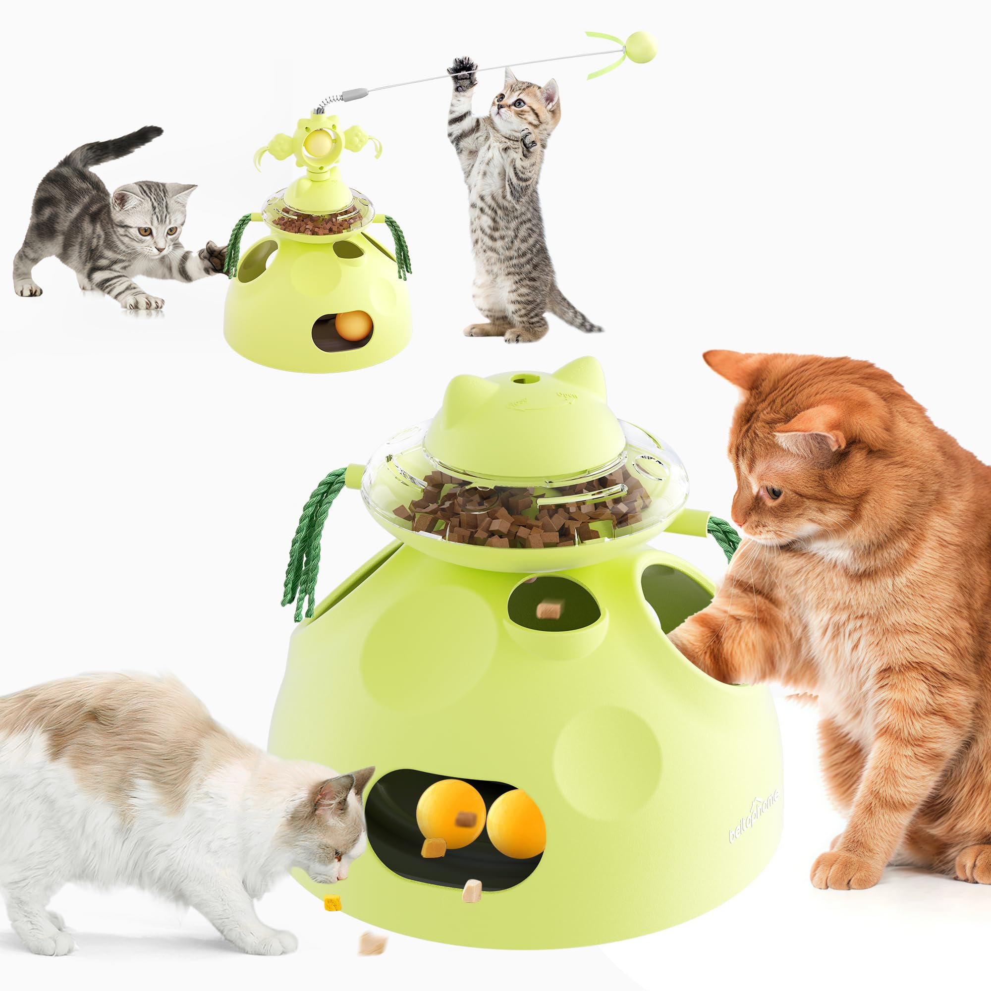 beitophome 4-in-1 Cat Toys, Interactive Cats Toy with Track Balls, Fluttering Feathers, Slow Food Dispenser, Fun & Engaging Cat 