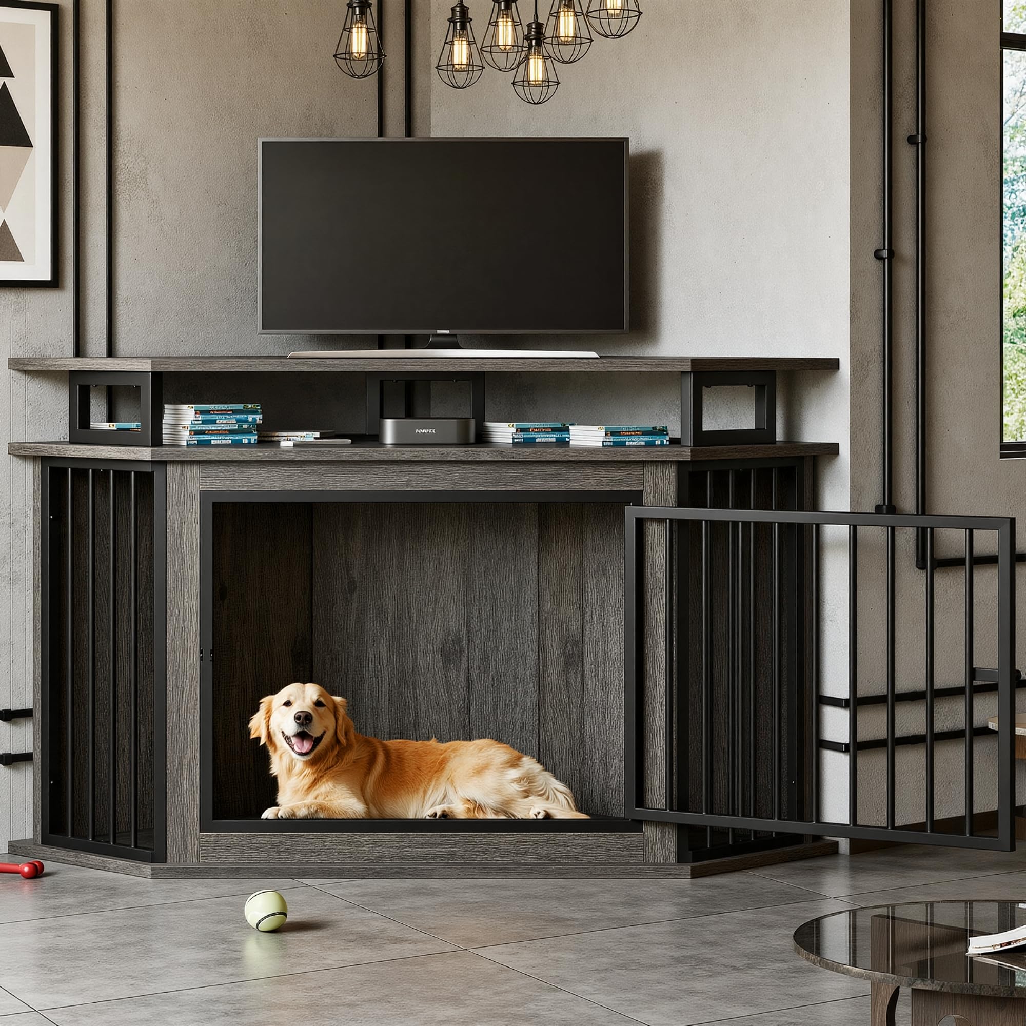 IRONCK 51" Corner Wooden Dog Crate, Rustic Brown Pet Kennel with 2-Tier Shelves for Large Dogs, Engineered Wood, Model QR-6599