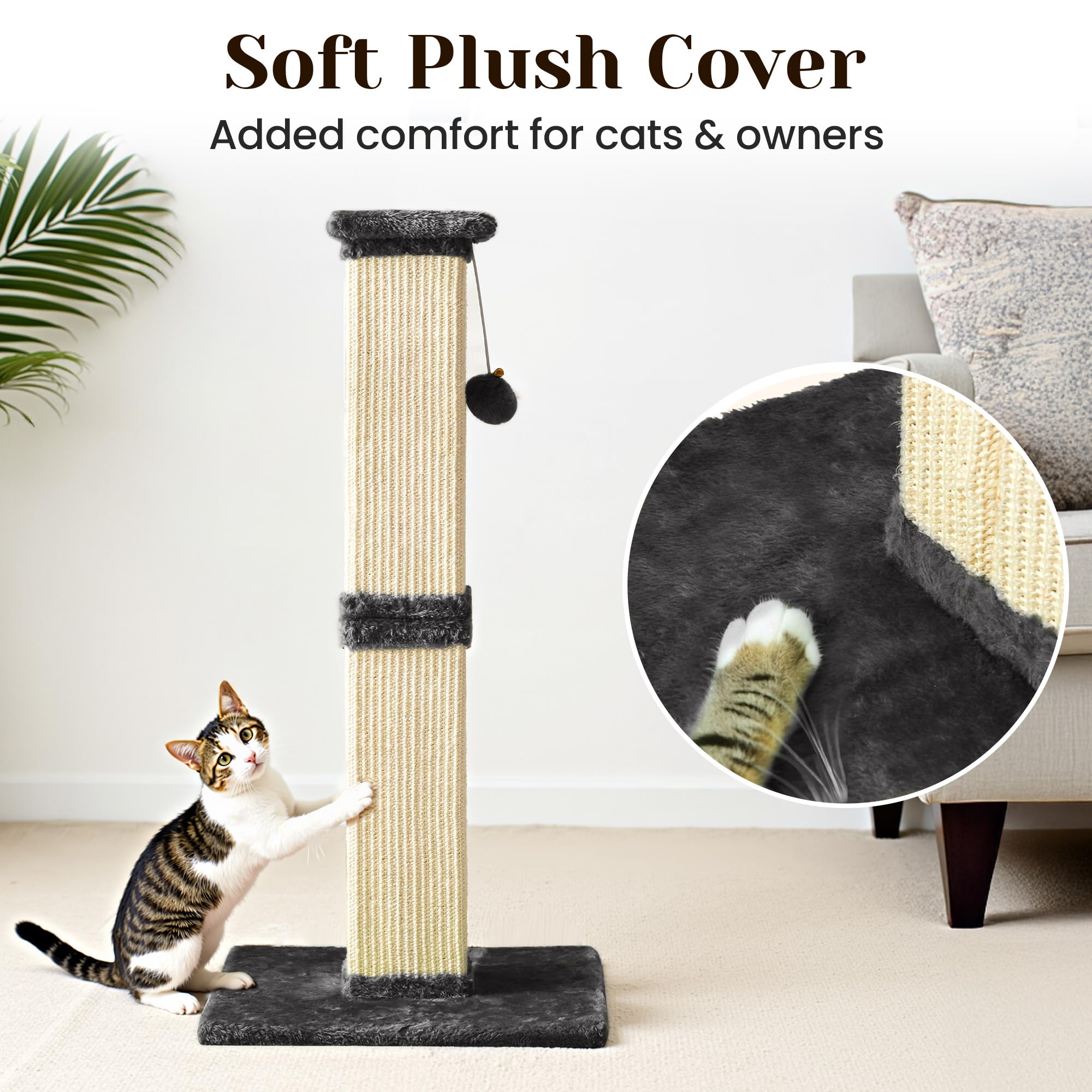 Fansafurn Cat Scratching Post with Hanging Toy Ball, 32-Inch Tall Sisal Cat Scratcher for Indoor Cats, Grey