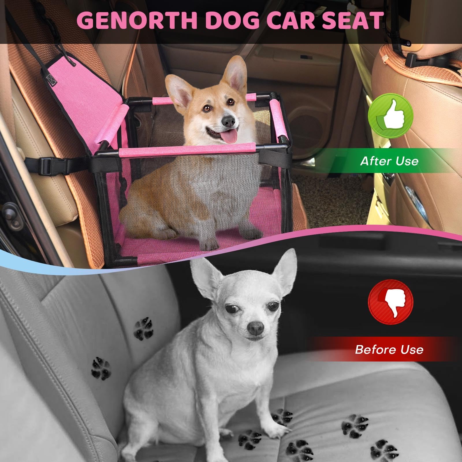 GENORTH Dog Car Seat Booster for Medium Dogs up to 20lb, Pink, Breathable & Washable Travel Safety Seat