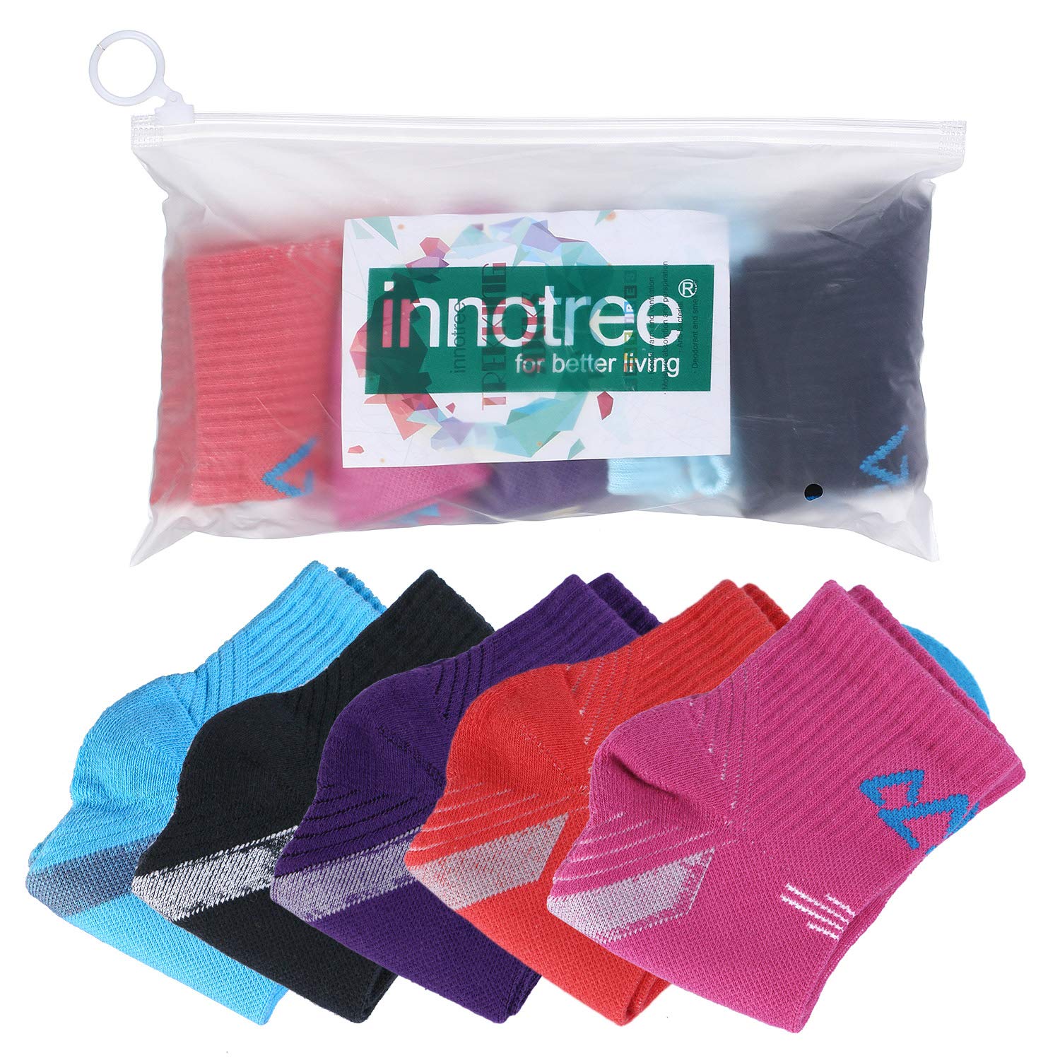 innotree 5 Pack Women's Cushioned Quarter Ankle Hiking Socks - Blue, Pink, Purple, Orange, Black, Size 10