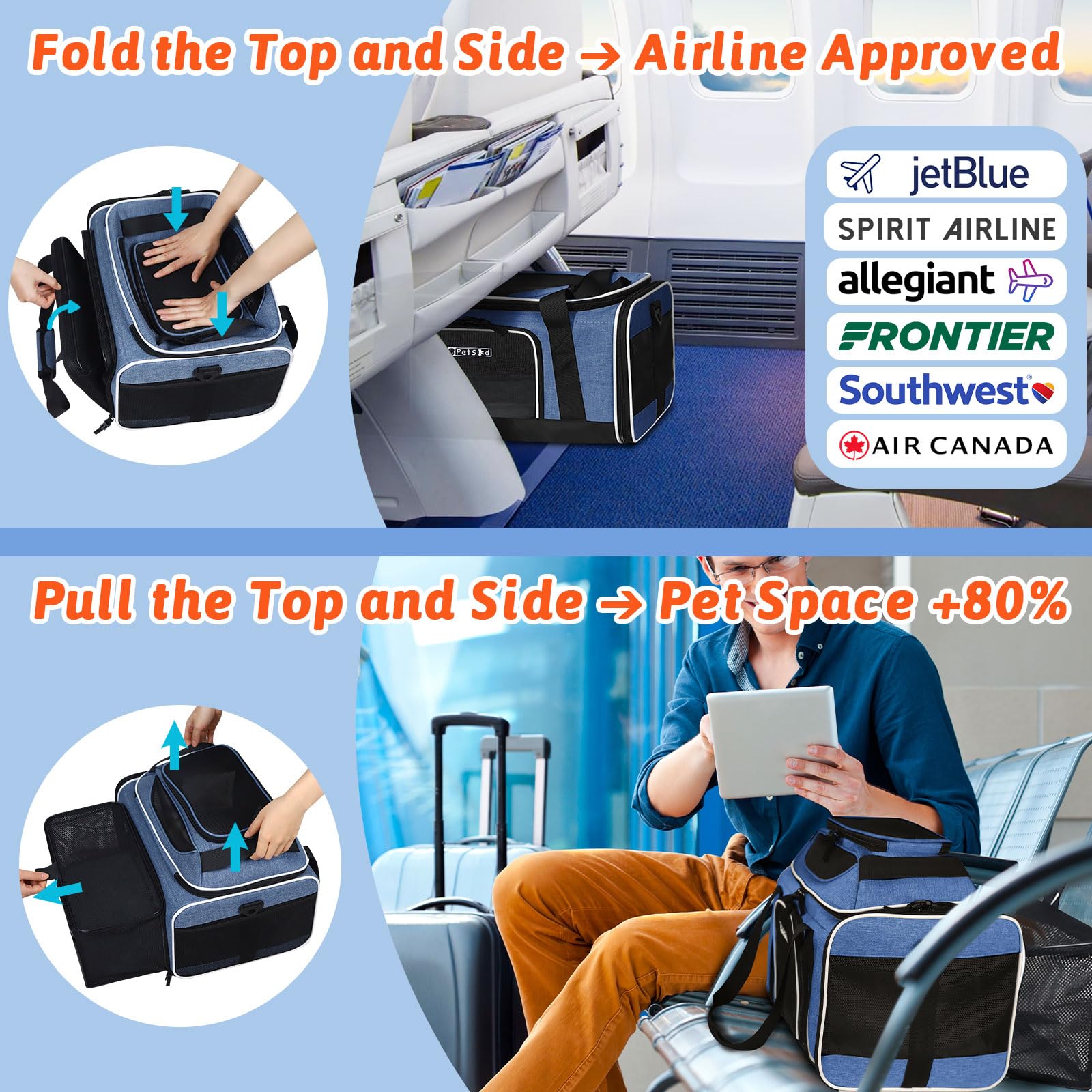 Petskd Top and Side Expandable Pet Carrier 17x12x8.5 Inches JetBlue Frontier Spirit Airline Approved, Soft-Sided Carrier for Sma