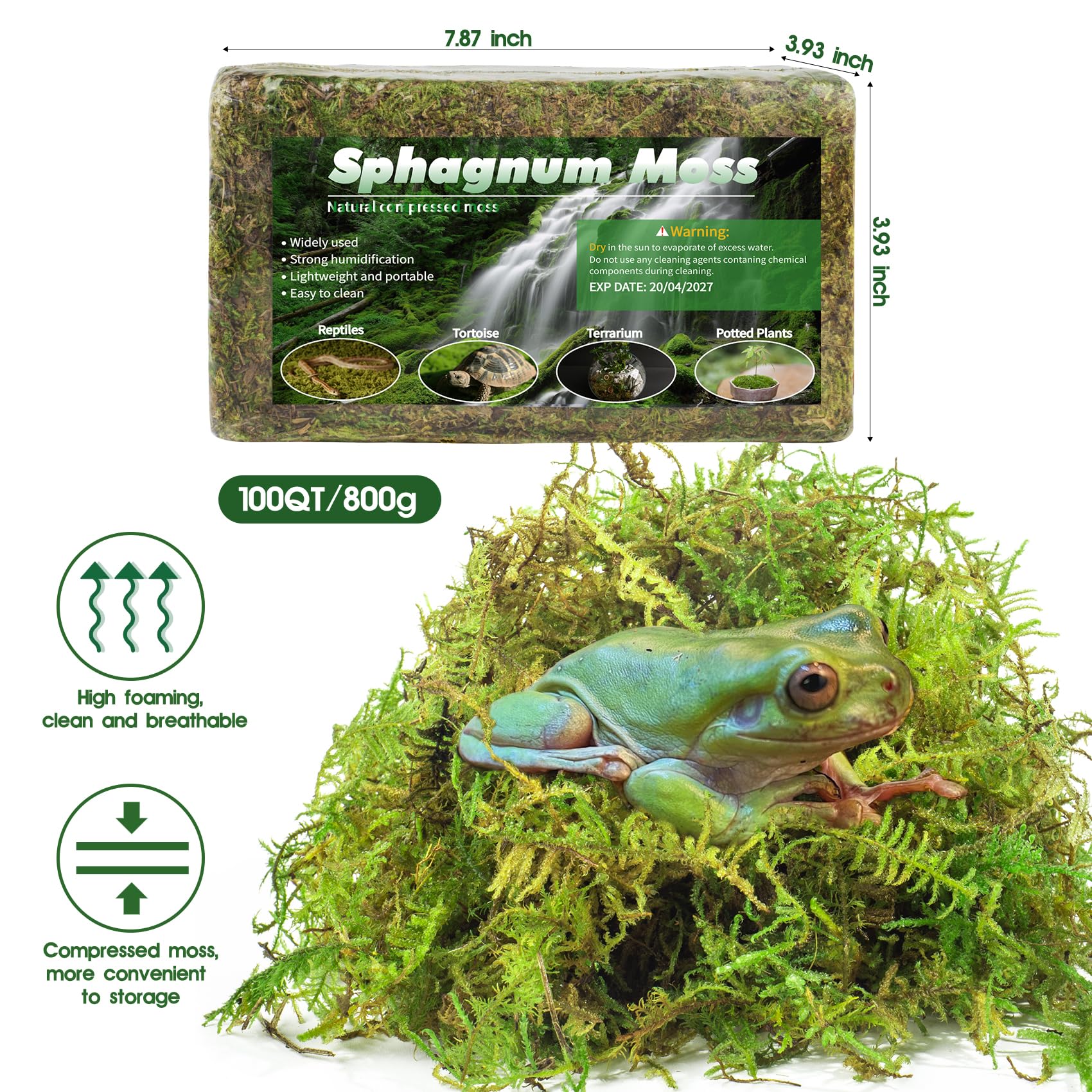 Pakimi 28Oz Sphagnum Moss For Reptiles, Terrarium Natural Green Dried Peat Habitat Bedding Plants For Snakes Gecko Forest Frogs