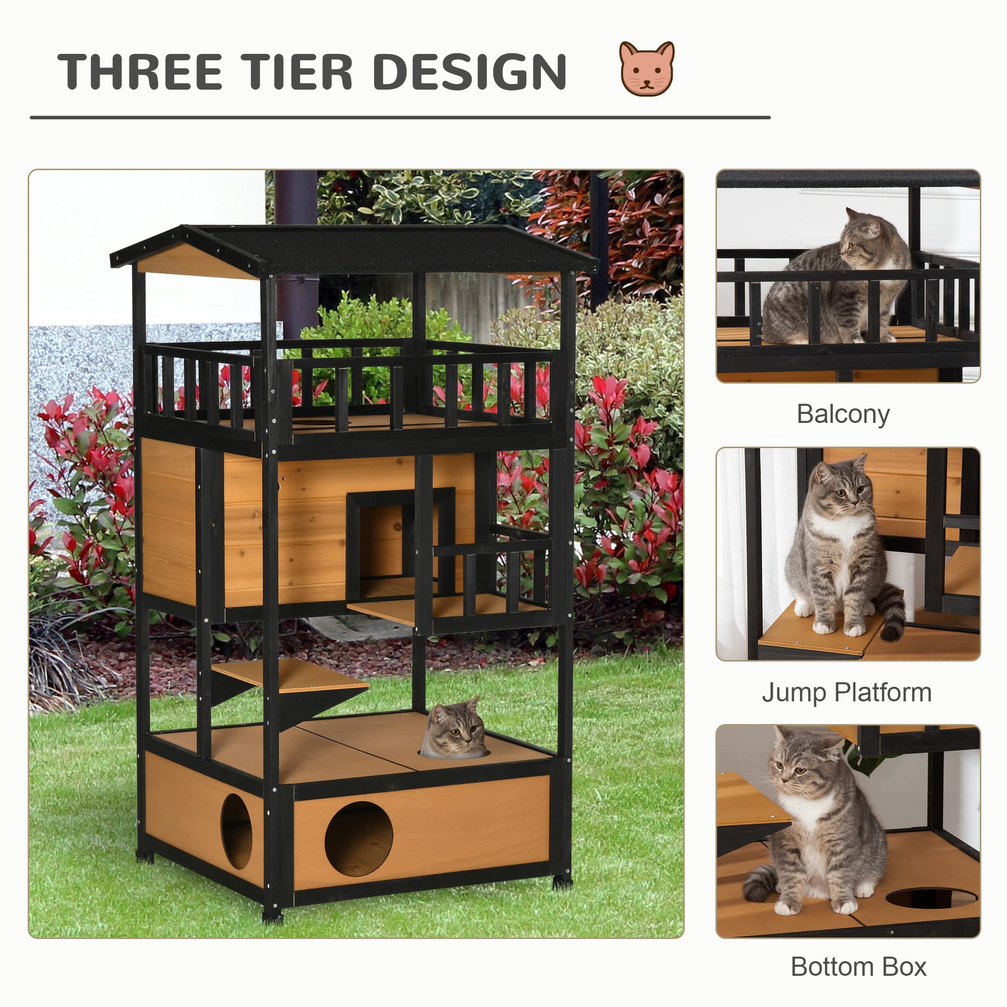 Pawhut Wooden Outdoor Cat House, Feral Cat Shelter Kitten Condo With Asphalt Roof, Escape Doors, Condo, Jumping Platform, Yellow