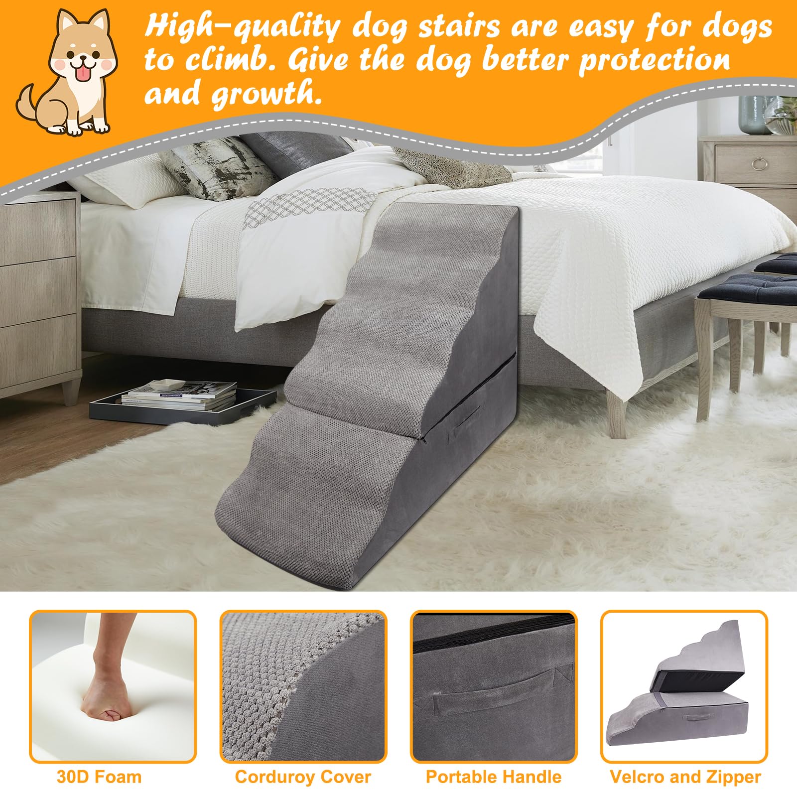 Inrlkit Dog Stairs Steps For 30 Inches Tall High Bed, Pet Dog Ramp Ladder For Small Medium Dogs, Doggie, Old Cats, Kitty, Small