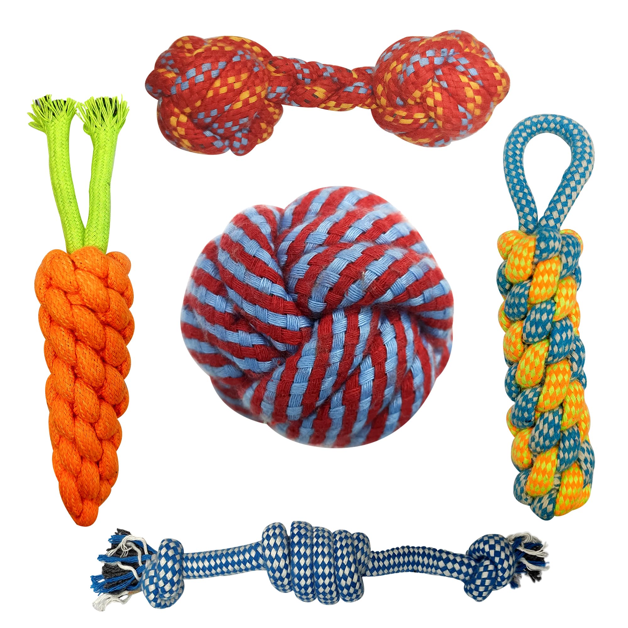 Tailworld Pet Toys | Pet Chew, Puppy Teething, Rope, For Small To Medium Pets | Washable Cotton | Multi Colour Toys (Pack Of 5)
