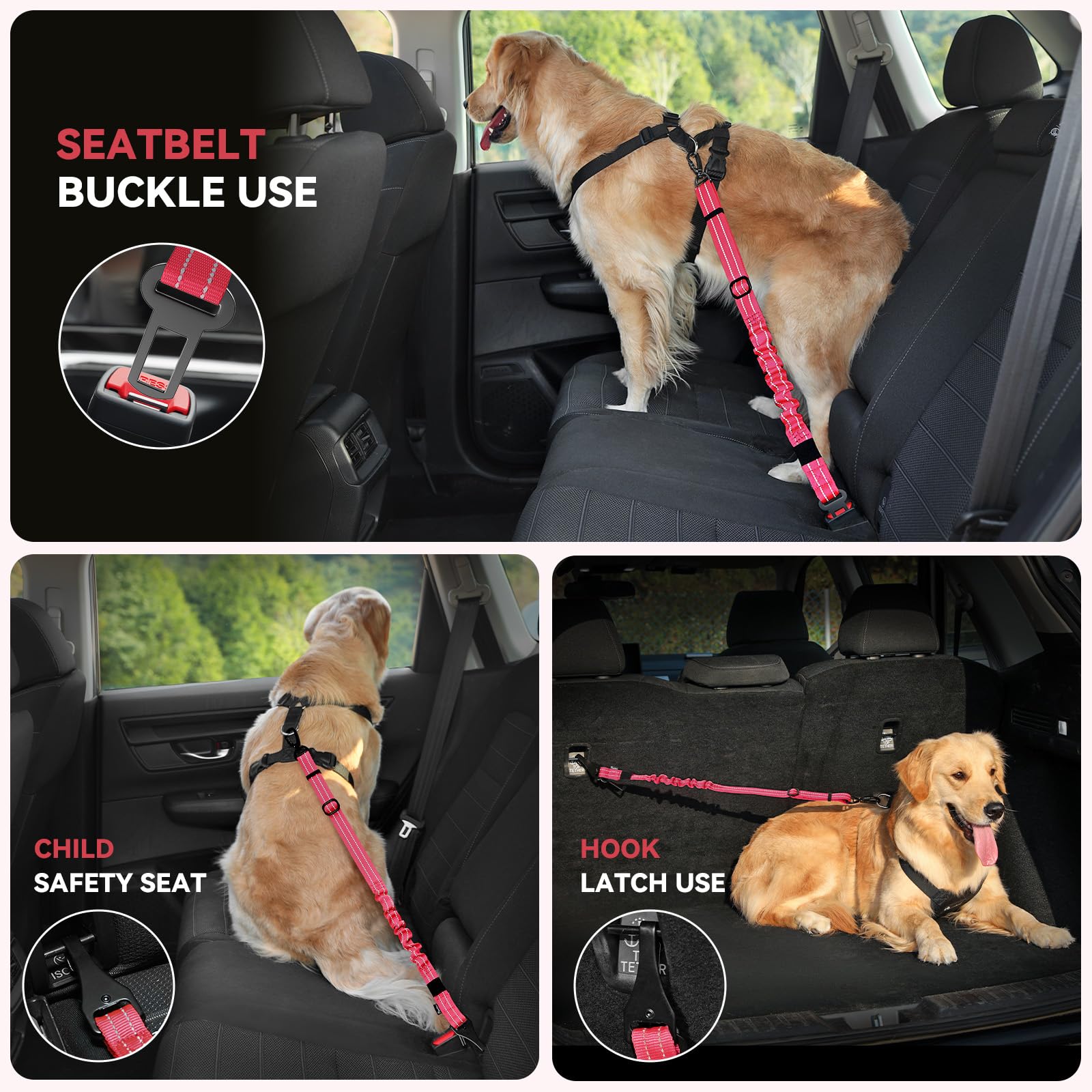 Pawaboo 2Pack Dog Seatbelt For Car, 3-In-1 Dog Seat Belt Bungee, Shockproof Dog Car Tether With Buckle & Hook Latch, Adjustable