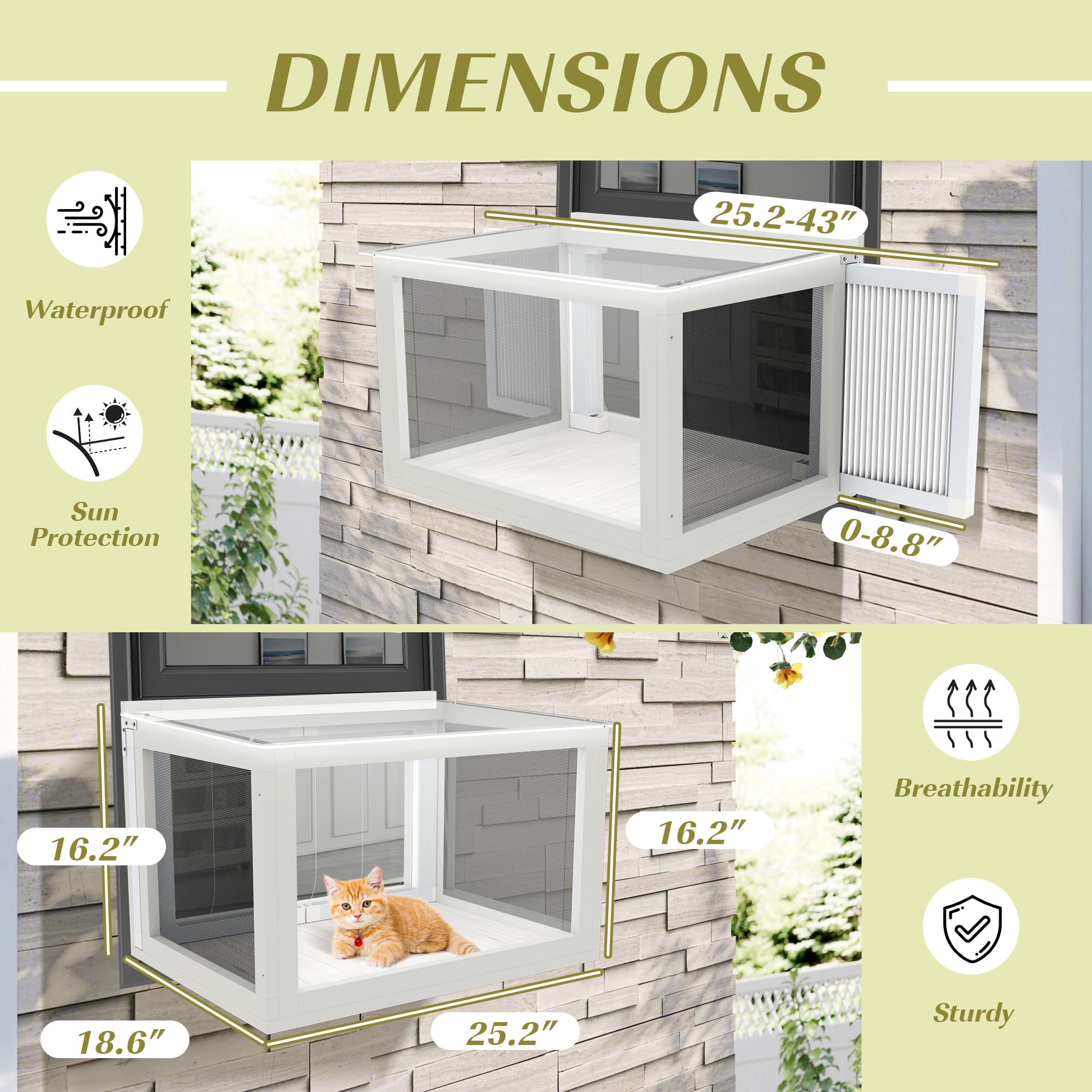 Dephet Cat Window Box - Outdoor Catio Enclosure Perch, Mosquito-Proof, Fits 25.2"-43" W, White, Fir Wood, Model 1PS9811