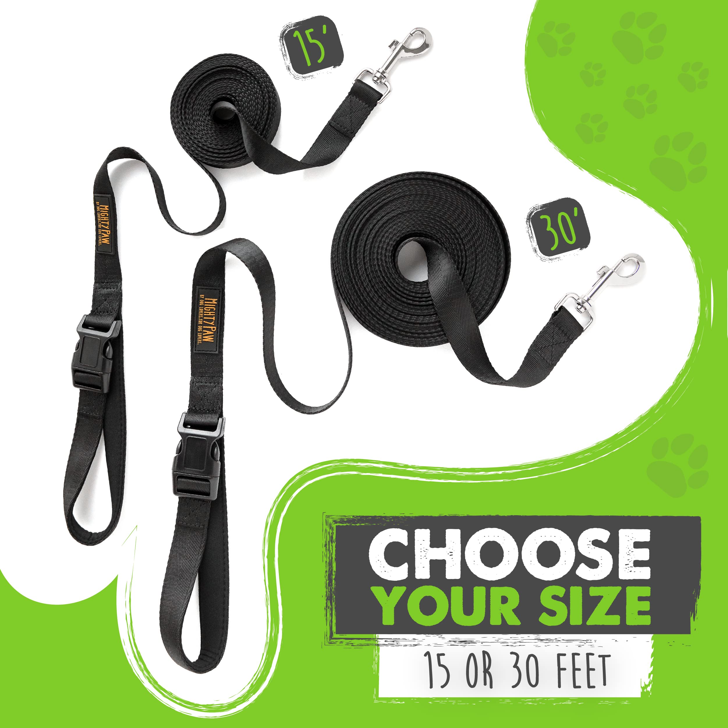 Mighty Paw Long Dog Leash - Premium Leash For Off-Leash Recall Training - Includes Buckled Padded Handle - Suitable For Yard - Pet Yard Leash - Camping And Dog Lead Training - (30 Feet, Black)