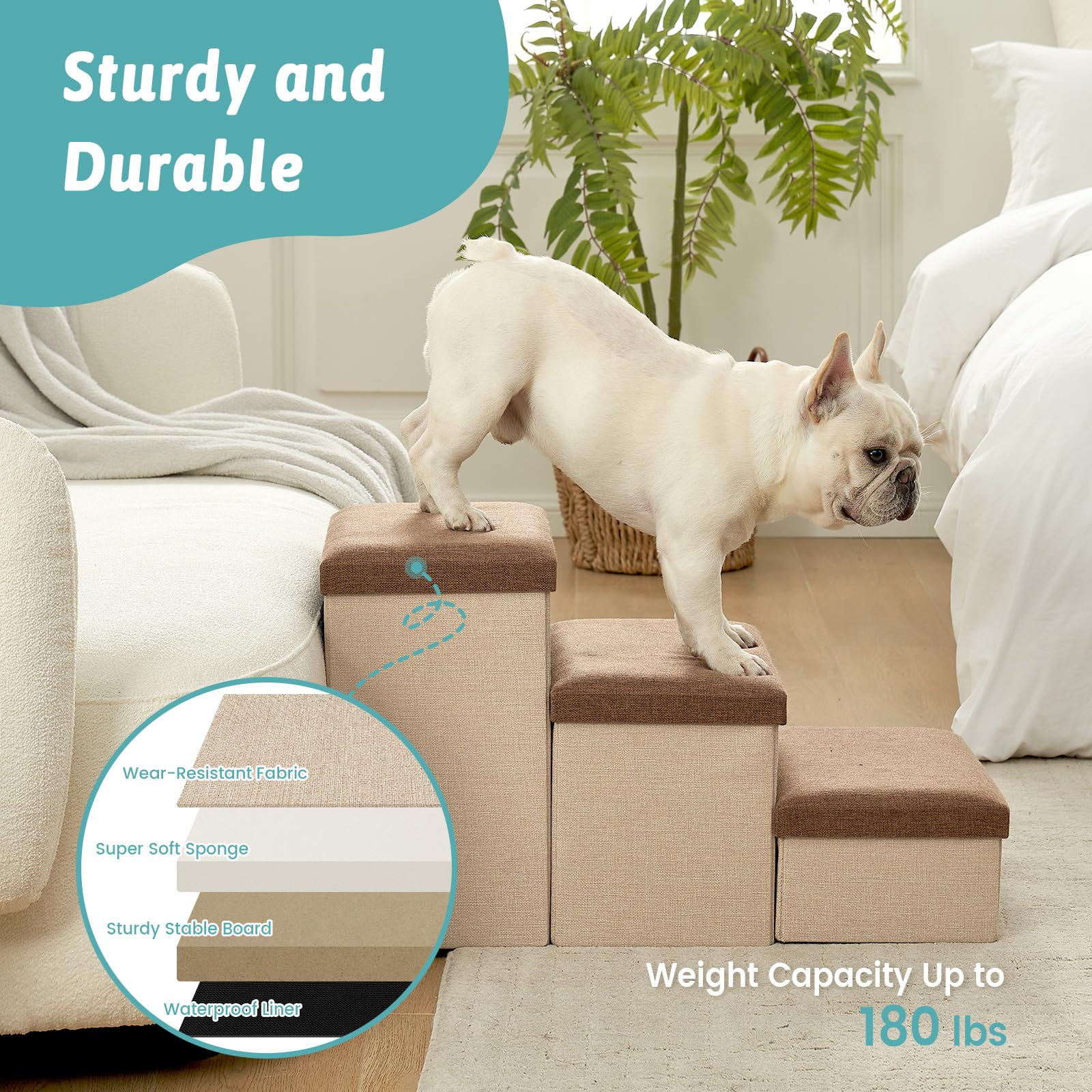 Dog Stairs with Storage, 4-Step Wider Sturdy Dog Steps for Small/Medium/Large Dogs and Older Cats, Folding Doggie Ramp for Bed/C