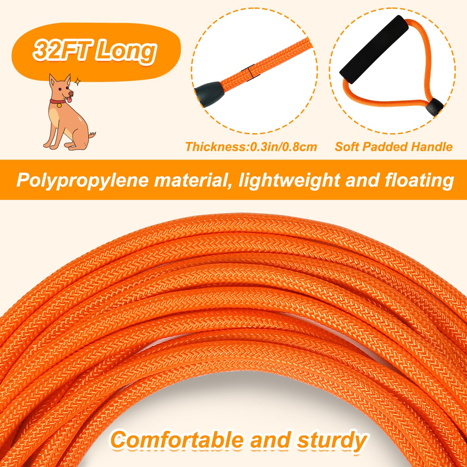 Vivifying Long Dog Leash, 32ft Floating Dog Training Leash, Check Cord Rope Lead with Comfortable Handle for Outside, Hiking, Sw