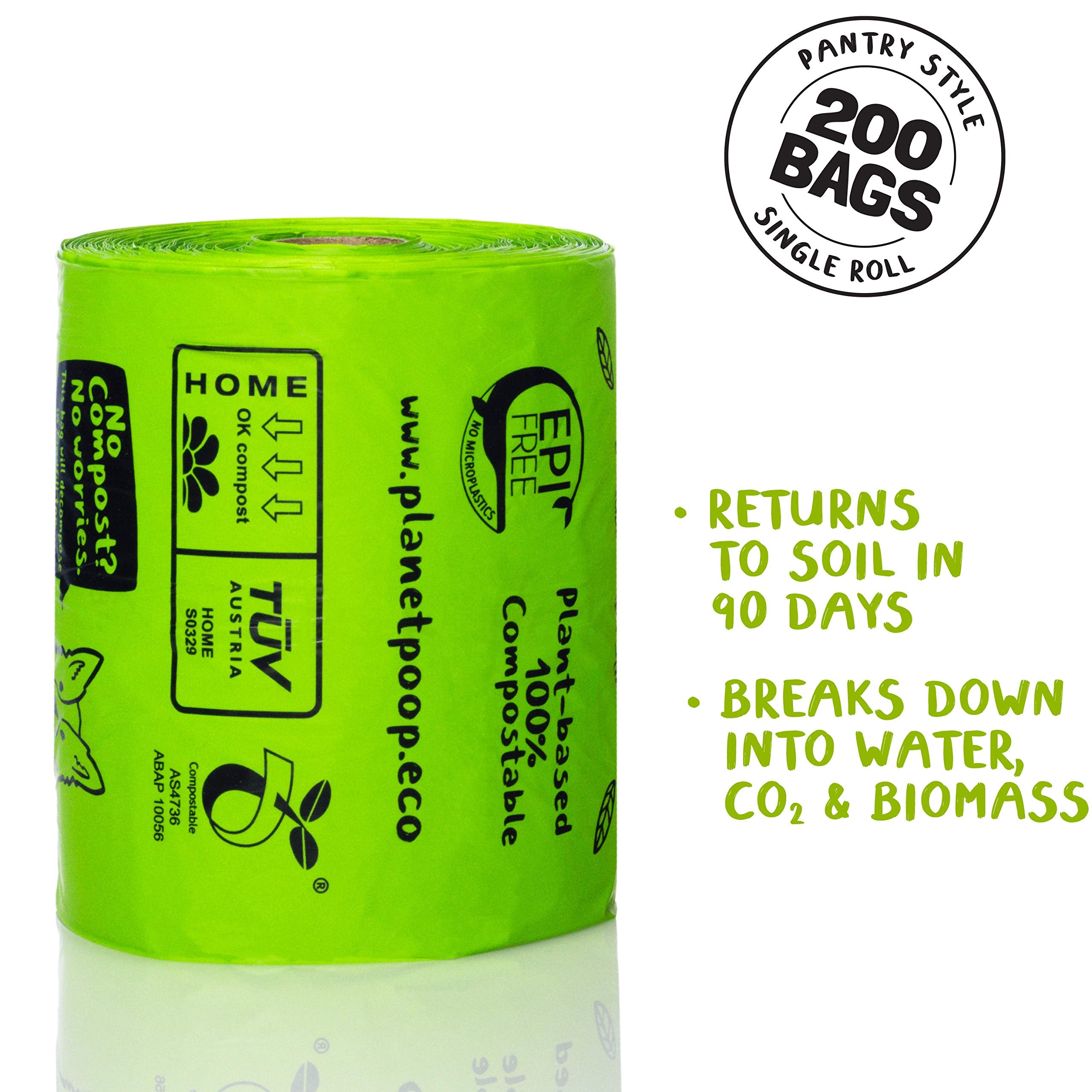 Planet Poop Home Compostable Dog Poop Bags Extra Long With Handles | Large Single Roll 200 Grab & Go | Un-Scented Dog Waste Bag