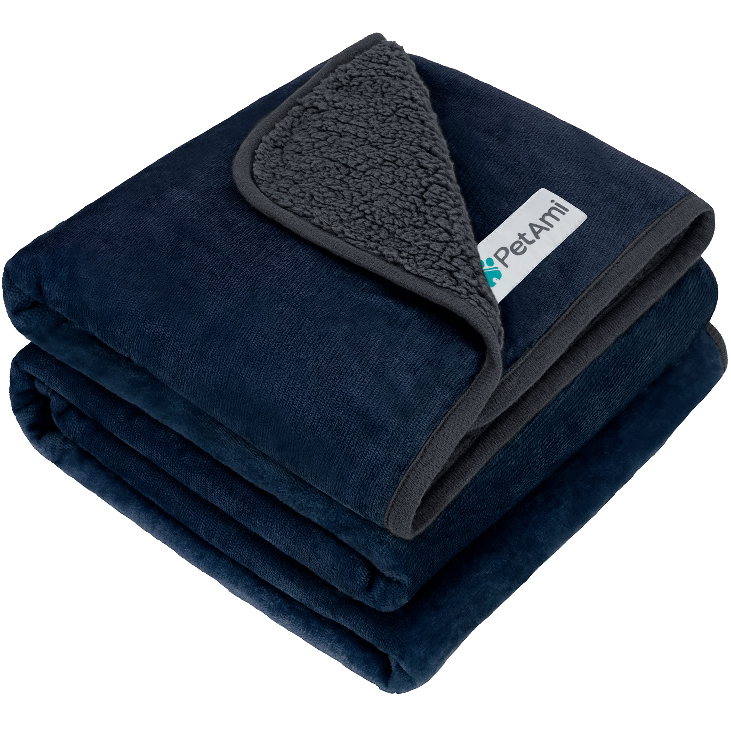 Petami Waterproof Dog Blanket For Large Giant Dogs, Pee Proof Pet Blanket Sherpa Fleece Crate Cover, Reversible Cat Throw Bed Kennel Protector, Soft Plush Washable Pad (Queen 90X90, Blue/Gray)