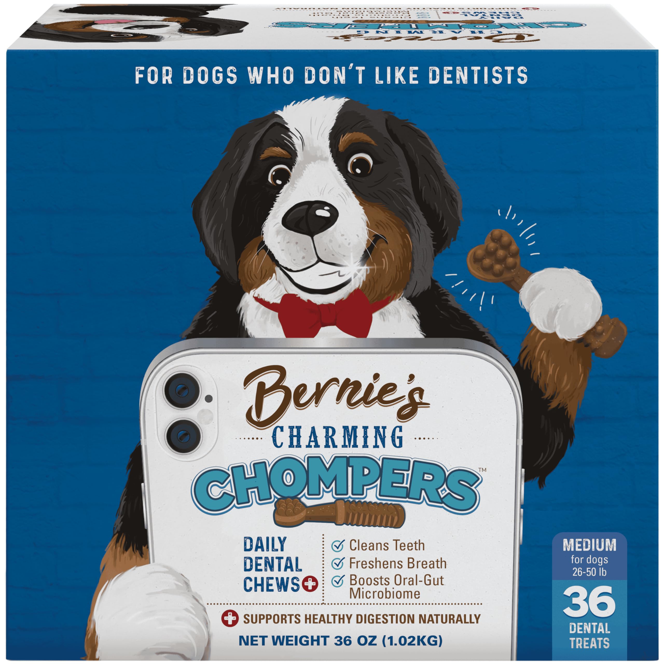Bernies Charming Chompers - Daily Dental Chews for Dogs 26-50 Lbs. - 36 Count - Cleans Teeth, Freshens Breath, + Boosts Oral-Gu