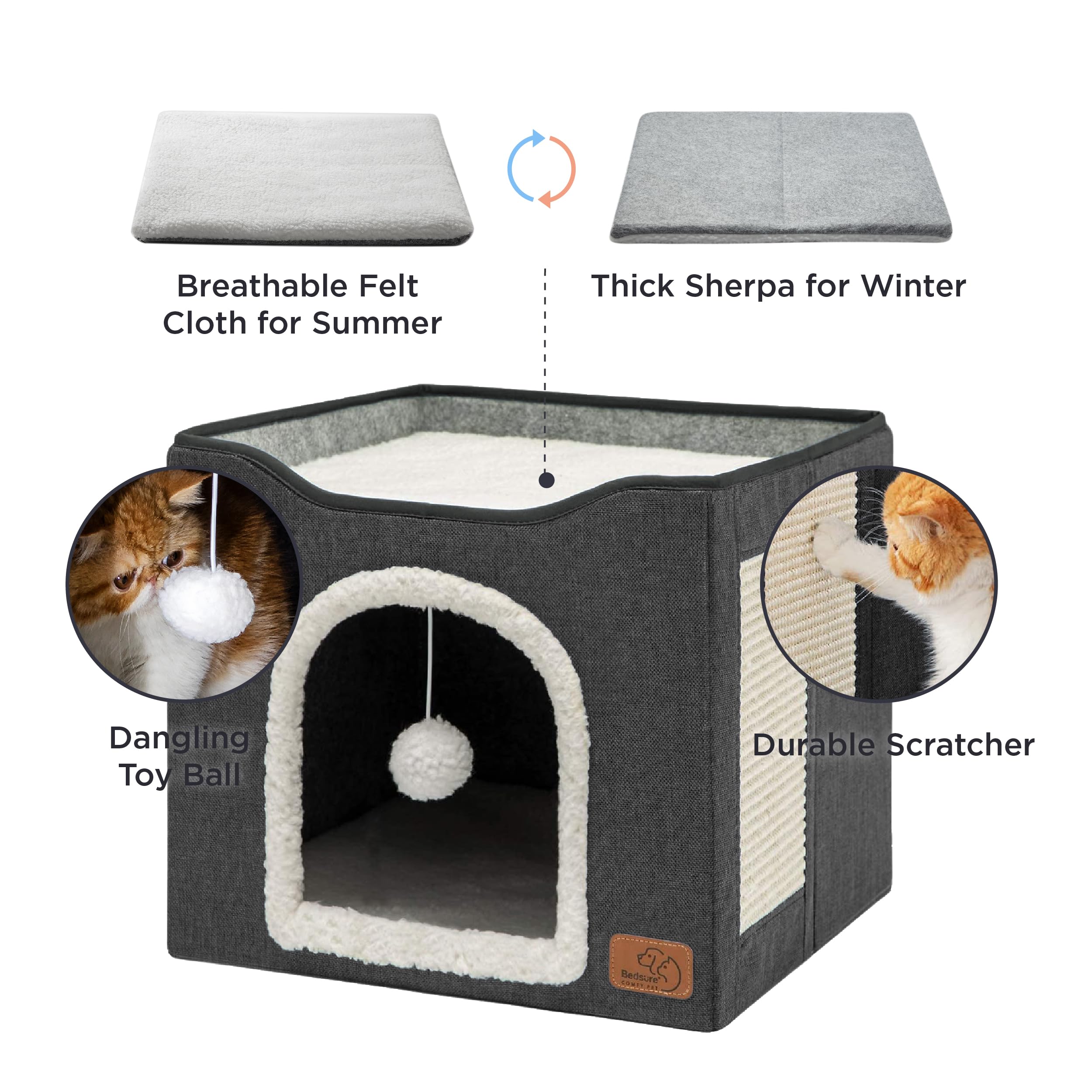 Bedsure Cat Beds For Indoor Cats - Large Cat Cave For Pet Cat House With Fluffy Ball Hanging And Scratch Pad, Foldable Cat Hideaway,16.5X16.5X13 Inches, Dark Grey