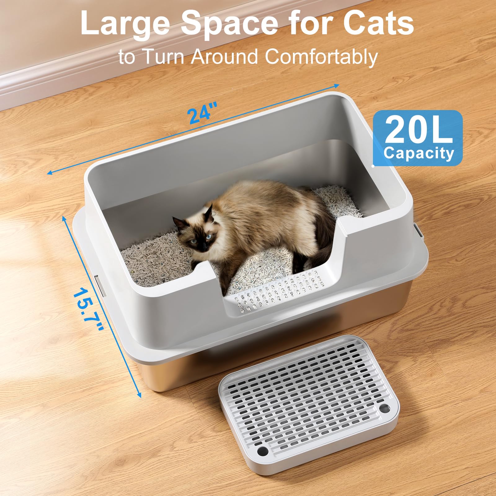 Stainless Steel Litter Box With Step Extra Large Cat Litter Box For Big Cats High Sides Enclosure Xl Non-Sticky Easy Cleaning An