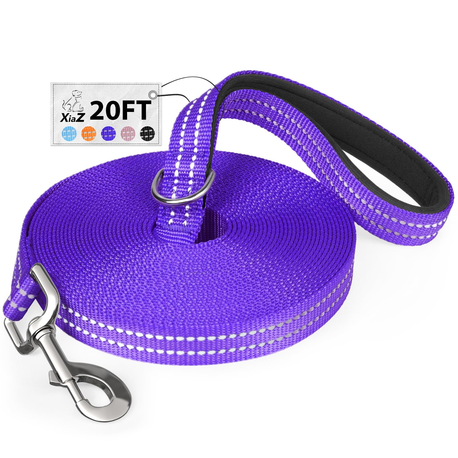 Xiaz 20 Feet Dog Training Leash, Nylon, Purple, Reflective, Padded Handle, 550 Lbs Bearing, Lightweight Suitable For Small, Medi