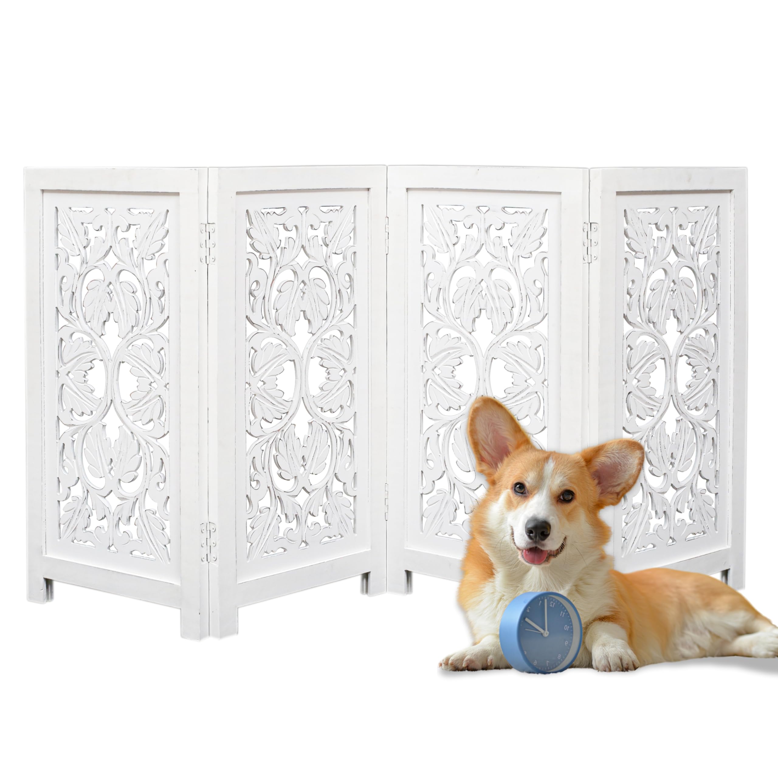 Pet Dog Safety Gate - 4 Panels 56 Wx28 H Leaf Wooden Foldable - Hand Carved Solid Wood And Mdf - Free Standing Portable Indoor