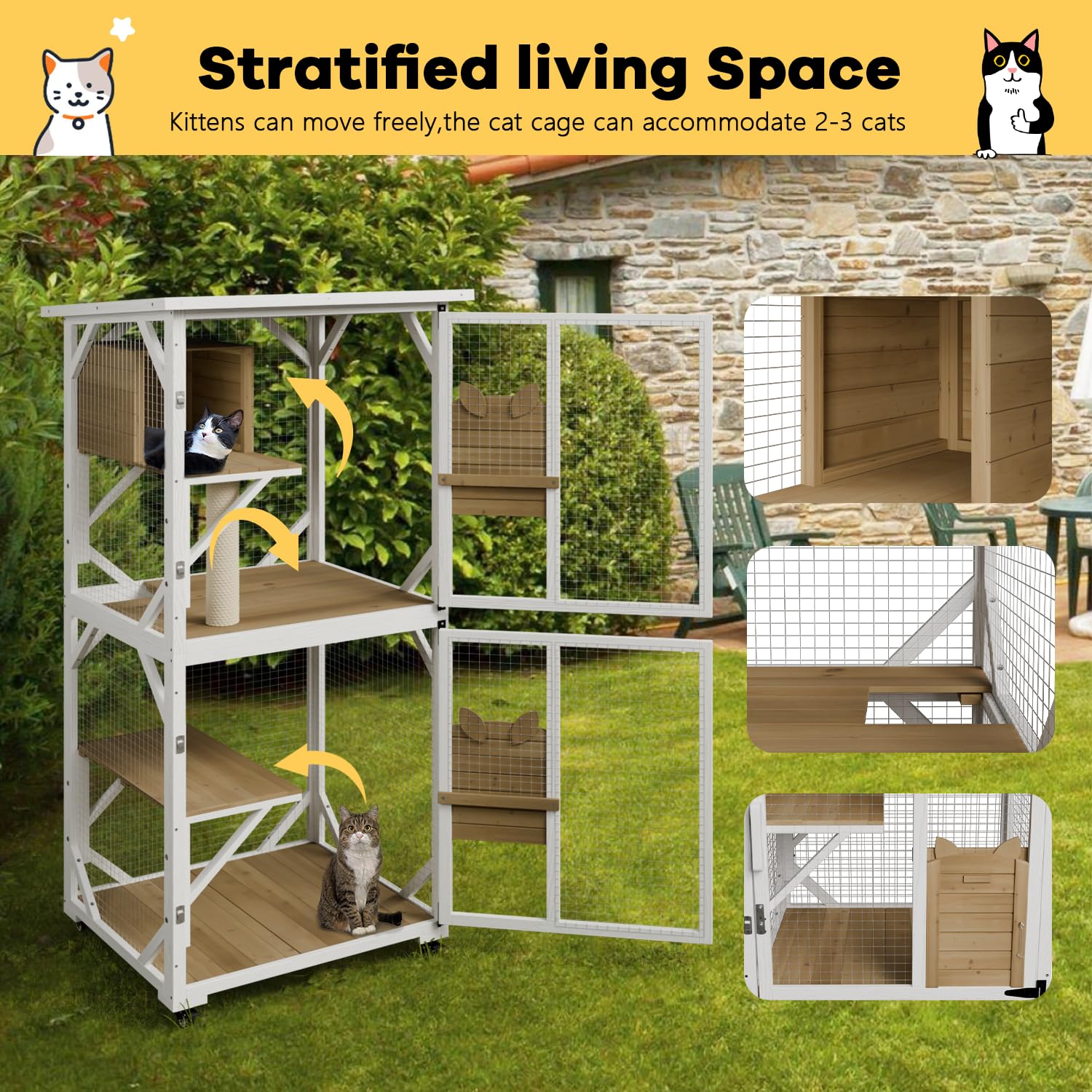OFIKA Cat House Catio Outdoor Enclosure with Waterproof Roof,71 cat House & Condos on Wheels for Outdoor Patio,Cat Window Box,