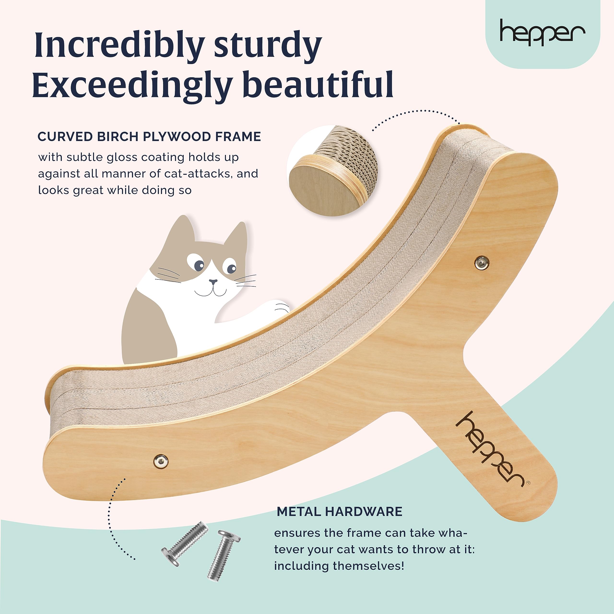Hepper Hi-Lo Cardboard Cat Scratcher With Real Wood & Metal Frame - 3-Position Cat Scratchers For Indoor Cats - Curved Cat Scrat