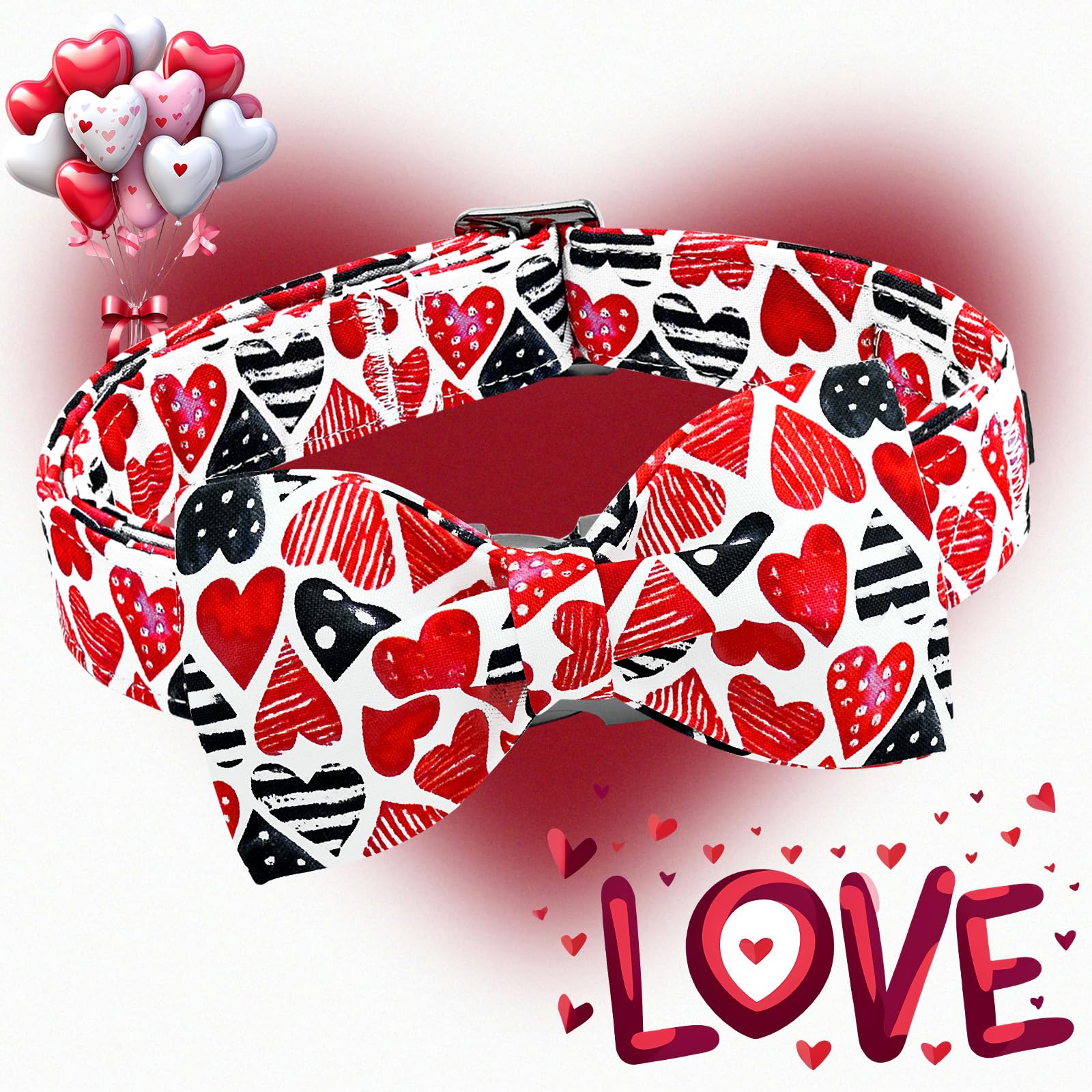 Lionheart Glory Dog Bow Collar Valentine'S Day Dog Collar For Small Dogs Red Hearts Print Dog Collar With Bowtie Spring Dog Coll