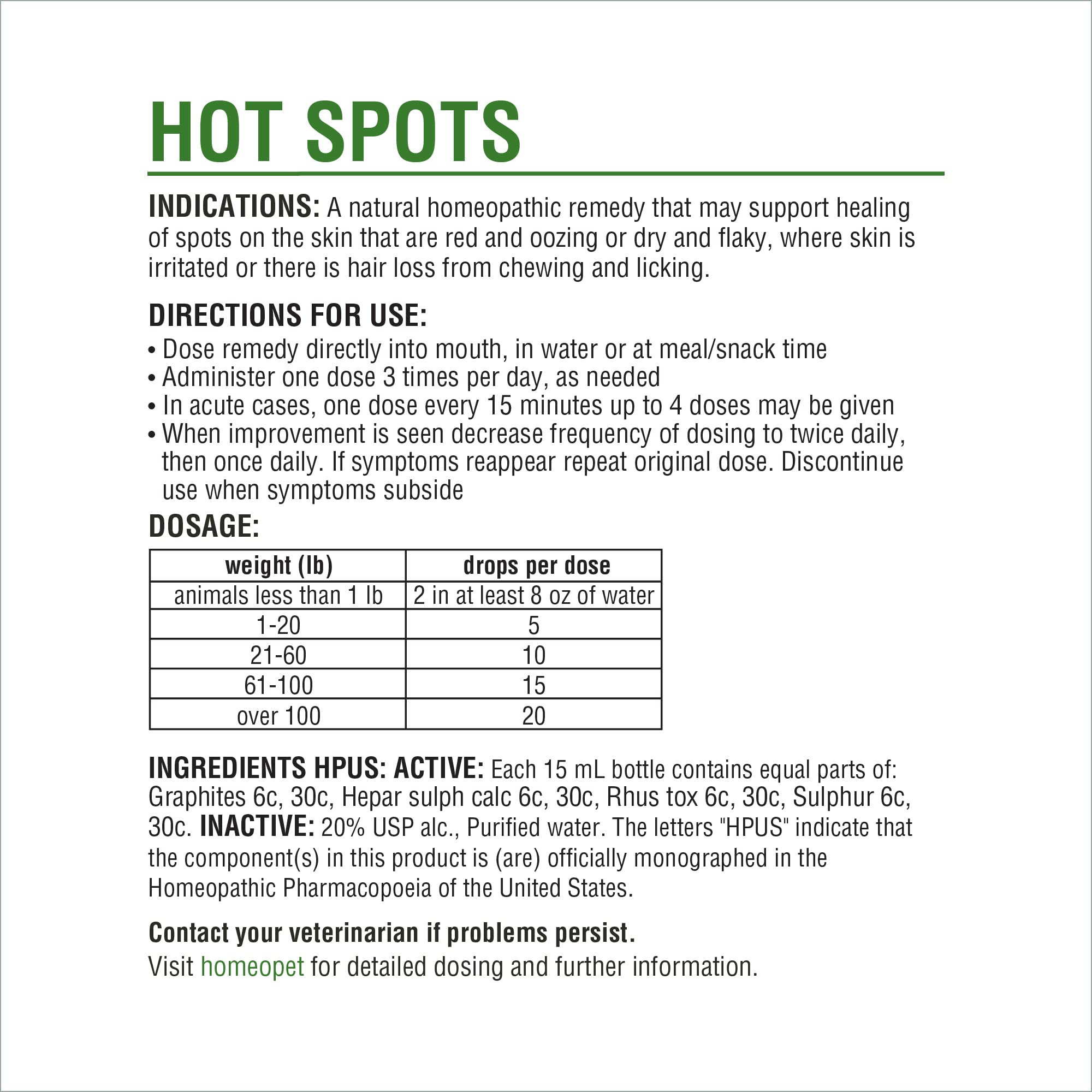 Homeopet Hot Spots, Safe And Natural Cat And Dog Skin-Soothing Medicine For Red, Irritated, And Flaky Pet Skin, 15 Milliliters