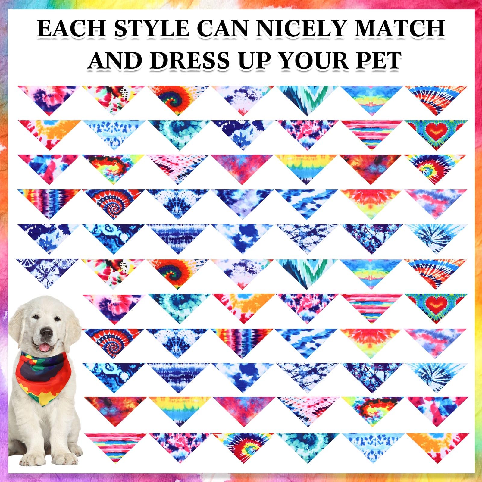Reginary 72 Pack Tie Dye Dog Bandanas - Bulk Pet Scarf Bibs Triangle Kerchief Adjustable For Pet Grooming Costume Accessories