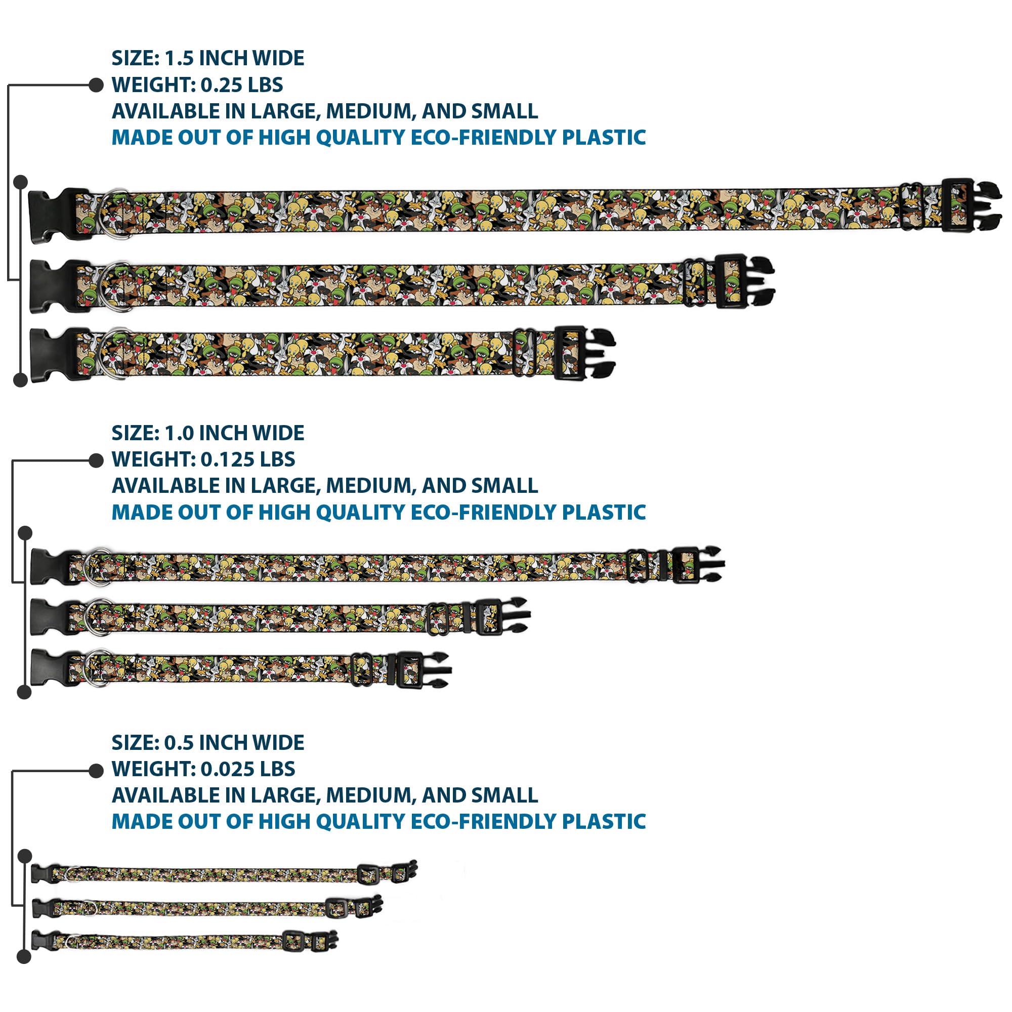 Dog Collar Plastic Clip Looney Tunes 6 Character Stacked Collage4 9 To 15 Inches 1.0 Inch Wide