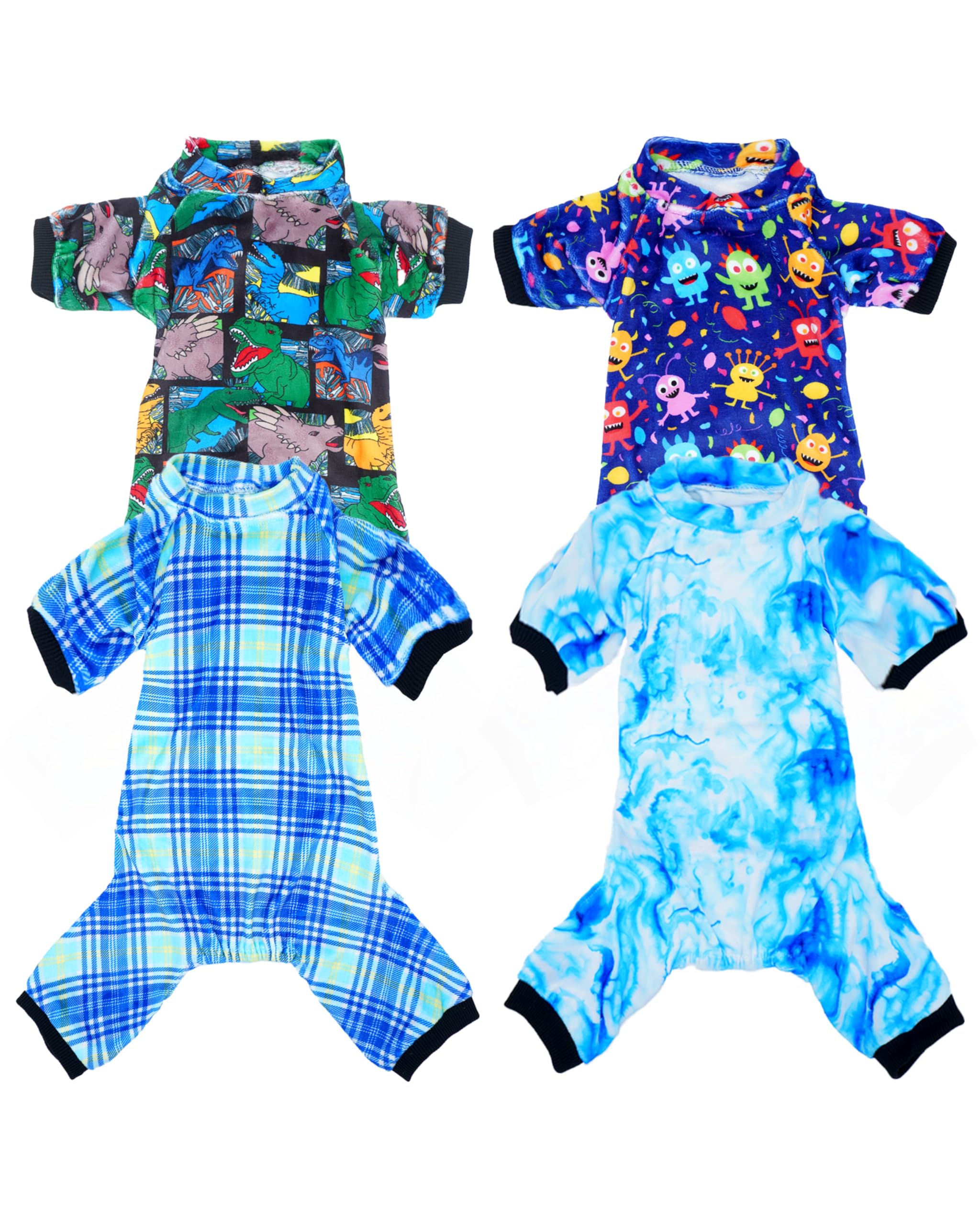 Pet Show 4 Pack Small Dog Pajamas Cute Dinosaur Monster Clothes Doggies Soft Stretchy Pjs Plaid Jumpsuit Puppy Cats Tie Dye Ones