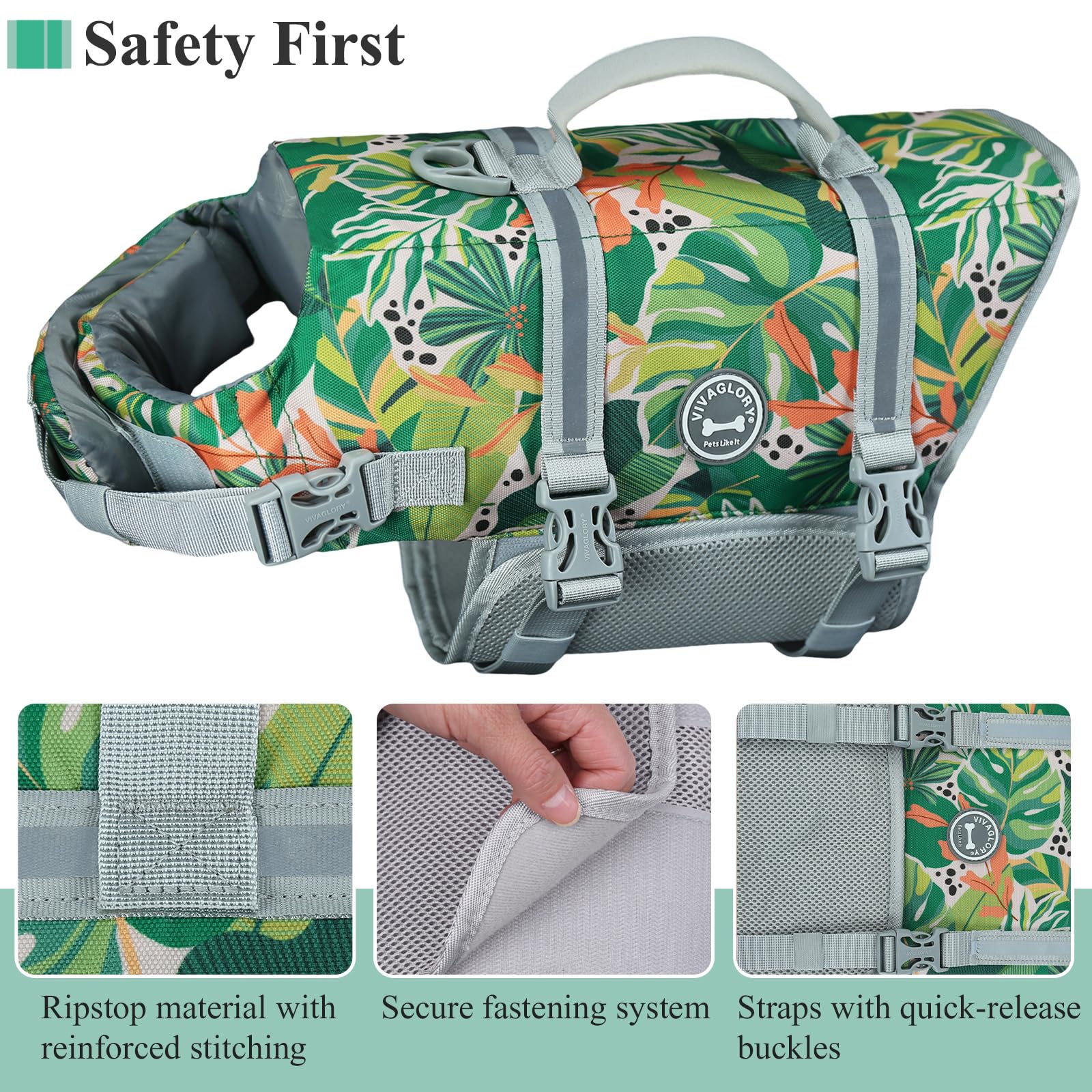 Vivaglory Ripstop Dog Life Jacket For Small Medium Large Dogs Boating, Dog Swimming Vest With Enhanced Buoyancy & Visibility, Fl