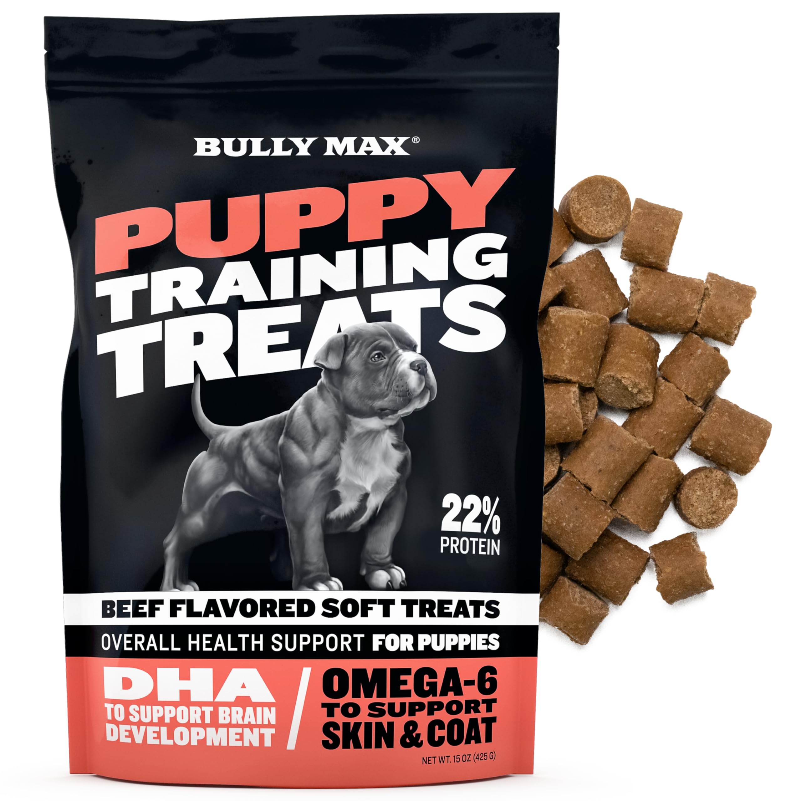 Bully Max Puppy Training Treats - Soft Chews Dog Food Supplements & Vitamins for Brain, Skin & Coat Health - Glucosamine & Chond