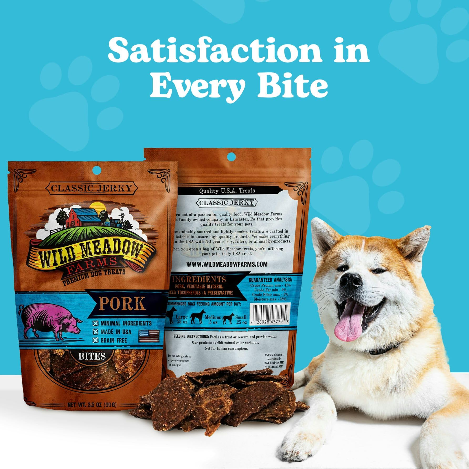 Wild Meadow Farms Classic Pork Bites - Grain-Free Soft Jerky Treats for Dogs, 3.5 Ounce Pouch, Ideal for Training & Rewards