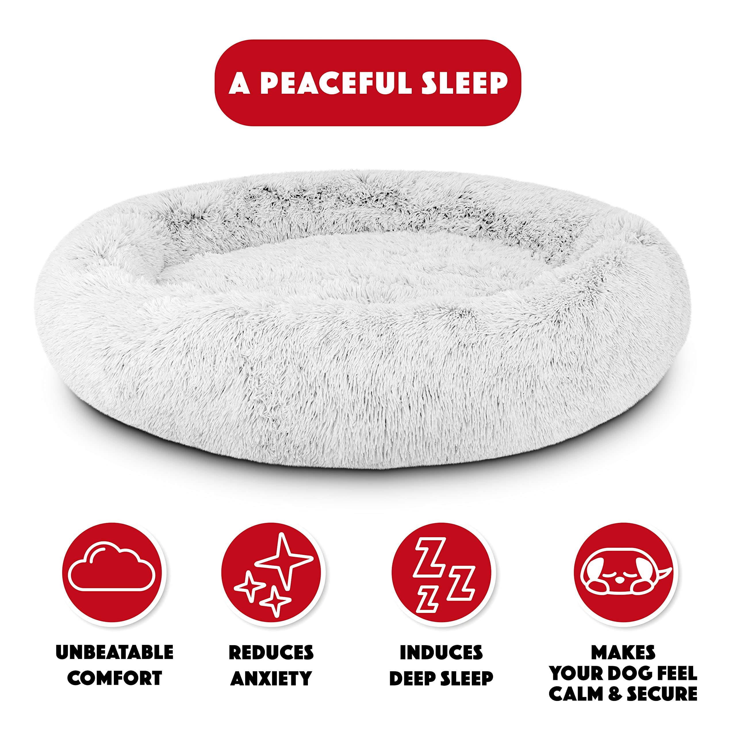 The Dogs Bed Sound Sleep Donut Dog Bed, XXL Ice White Fur Calming Nest Bed Removable Cover, Veterinary Approved
