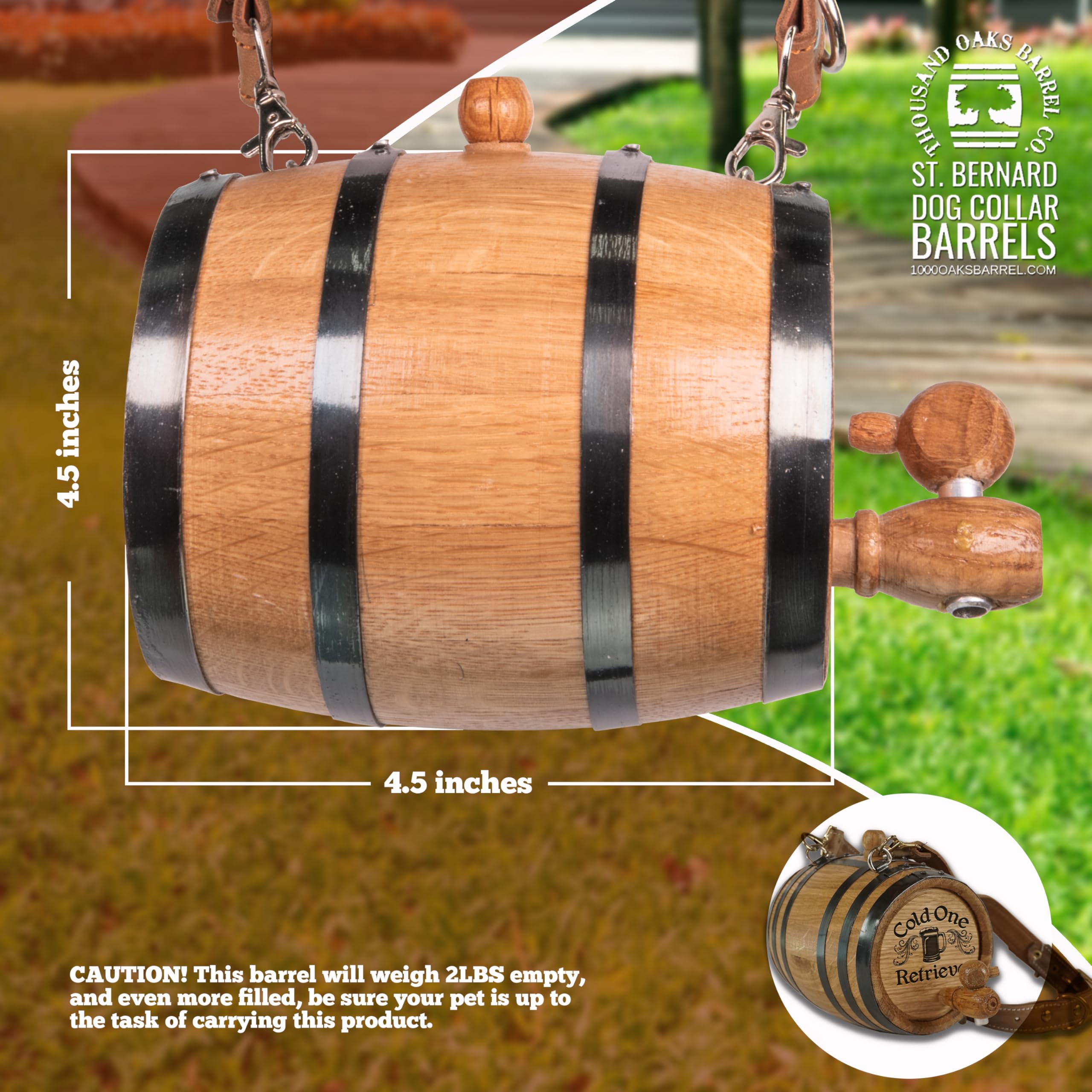 THOUSAND OAKS BARREL St Bernard Whiskey Barrel Dog Collar - 1/2 Liter Oak Aging Dispenser with Adjustable Leather Strap