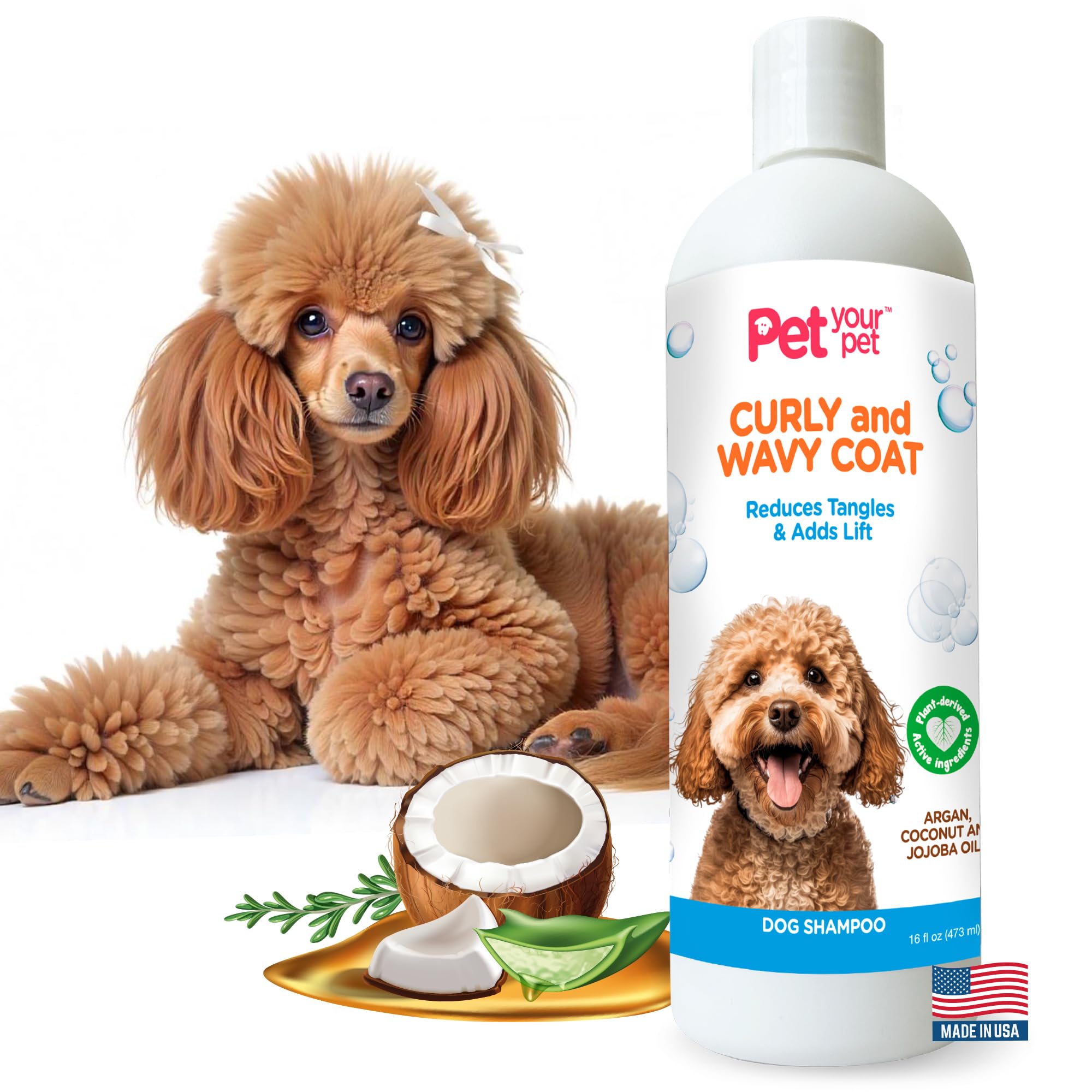 Pet Your Pet Natural Dog Shampoo For Curly & Wavy Coats - Hydrating & Tangle-Reducing Wash With Argan, Coconut & Jojoba Oils - D