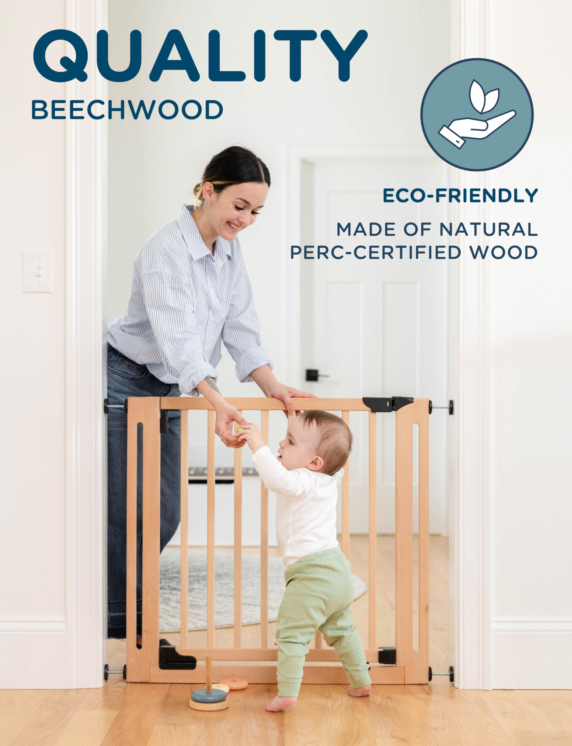 SizeWise Wood Pressure Mounted Safety Gate 27.6-31.5 | Extra-Wide Passage | Auto-Close Two-Way Opening for Doorways and Hallways