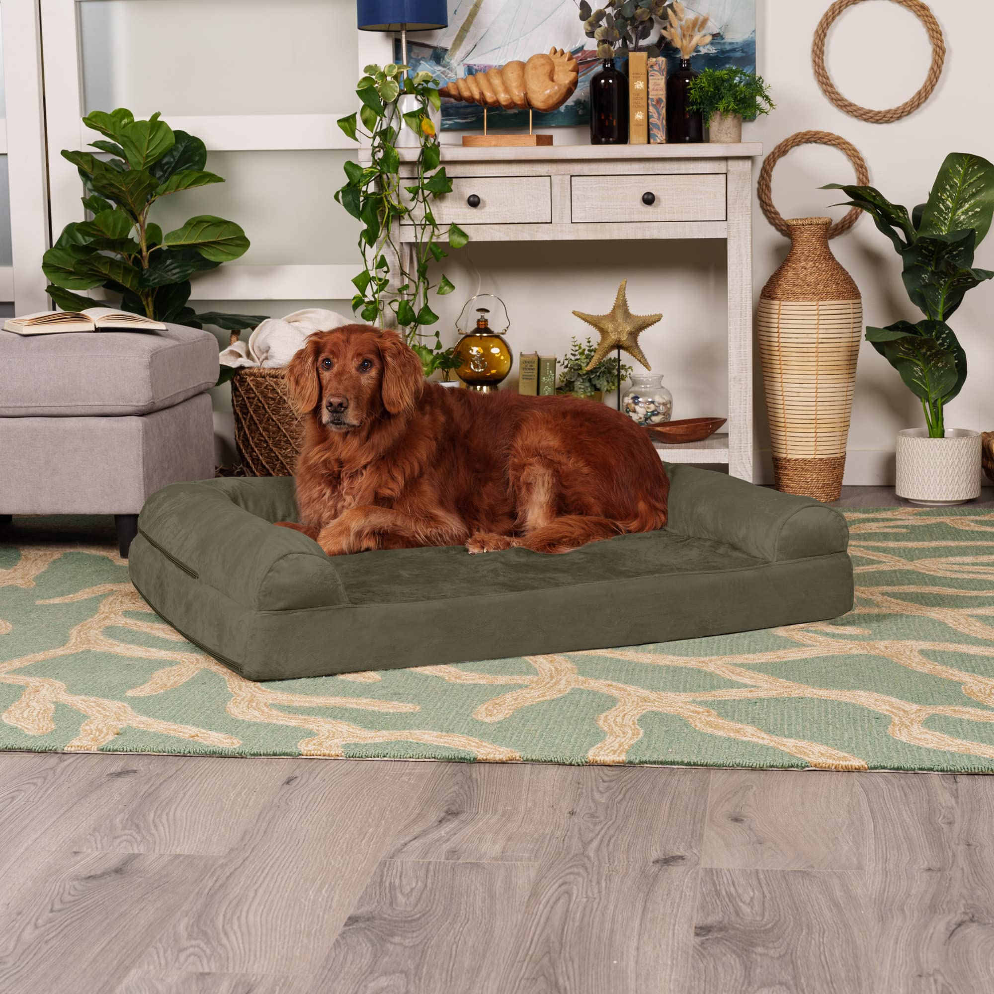 Furhaven Orthopedic Dog Bed For Large Dogs W/ Removable Bolsters & Washable Cover, For Dogs Up To 95 Lbs - Faux Fur & Velvet Sofa - Dark Sage, Jumbo/Xl