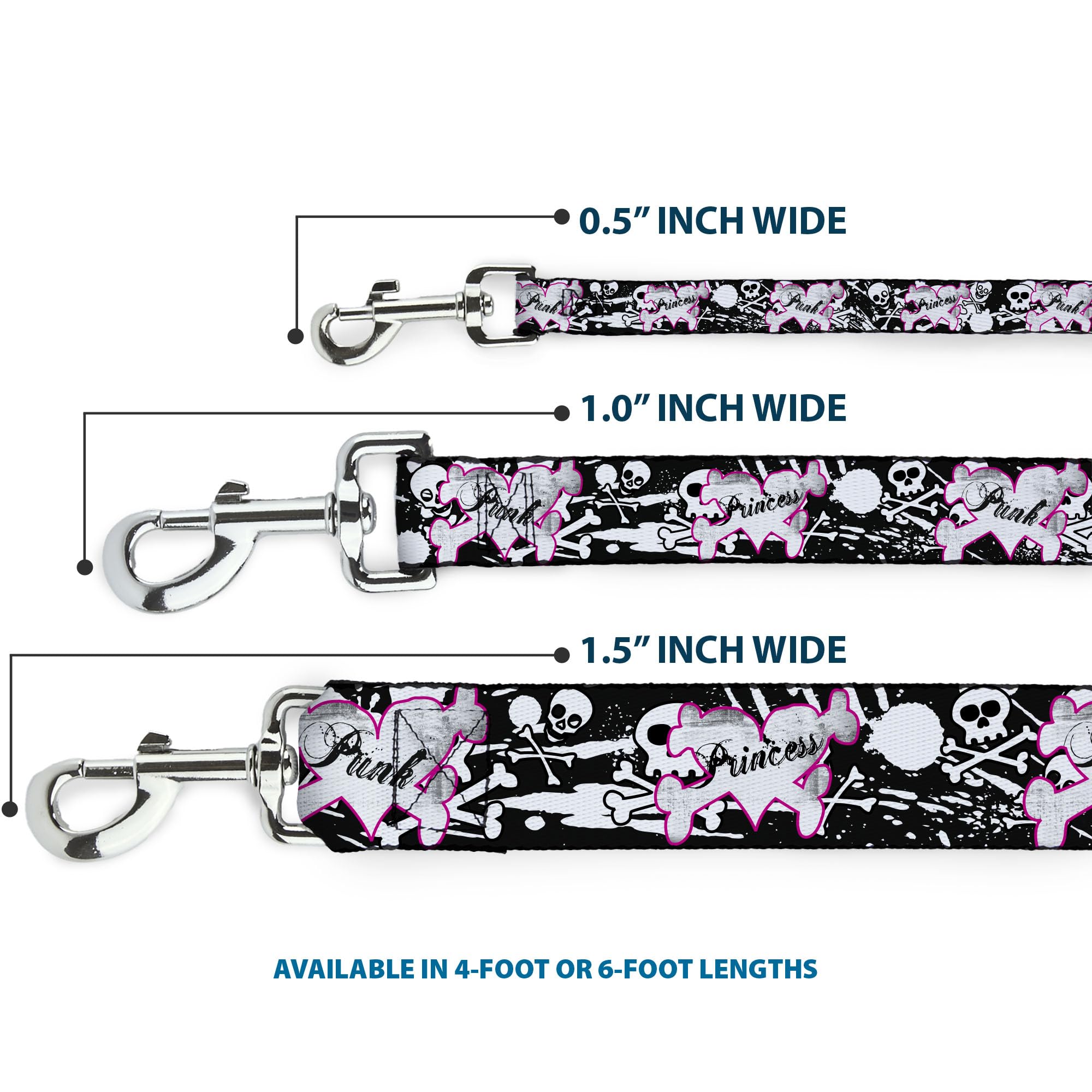 Buckle-Down Pet Leash - Punk Princess Heart & Cross Bones w/Skulls & Splatter Black/White - 6 Feet Long - 1.5 Wide