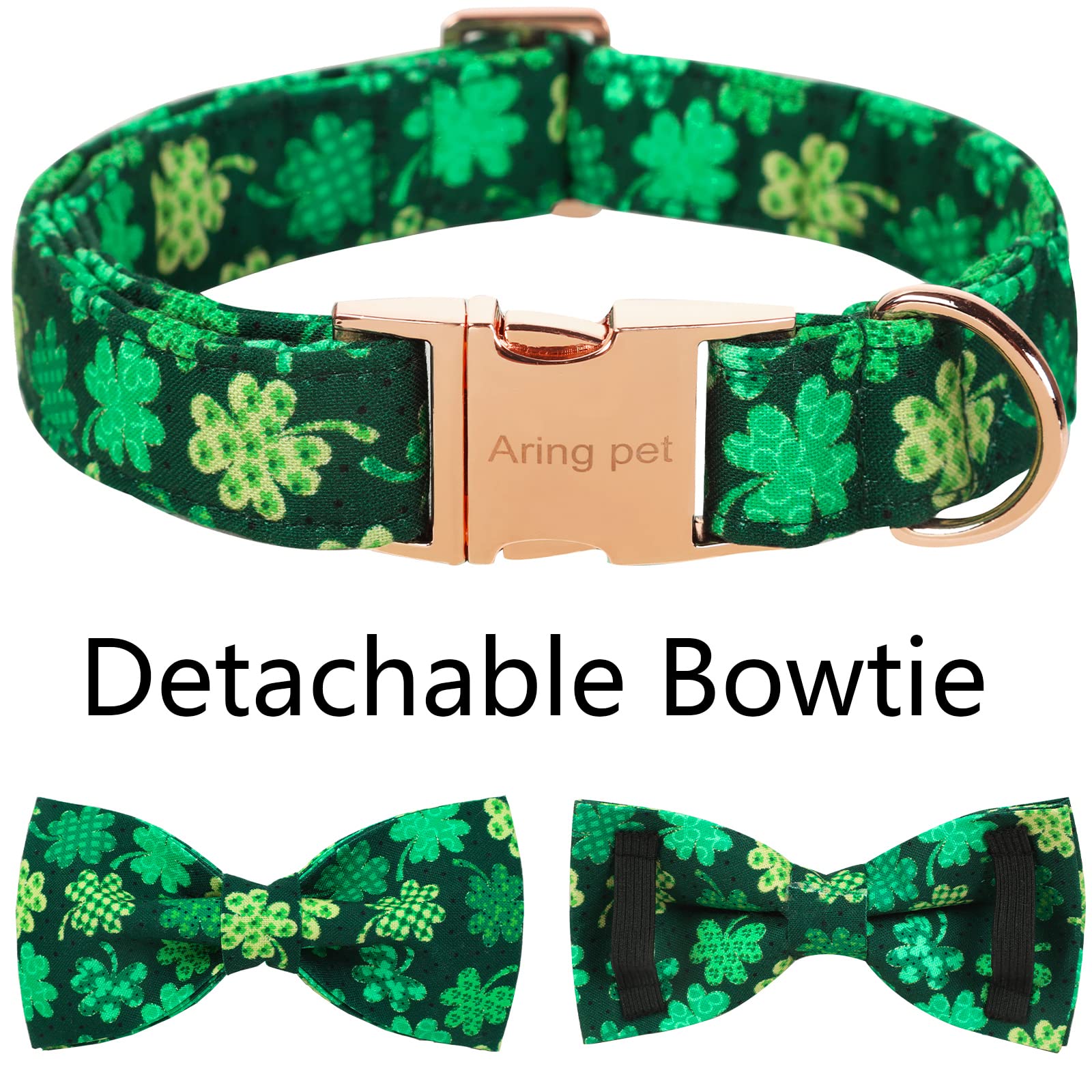 Aring Pet St. Patrick'S Day Dog Collar-Cute Clovers Dog Collar With Bow, Cotton Trefoil Bowtie Dog Collars With Metal Buckle For