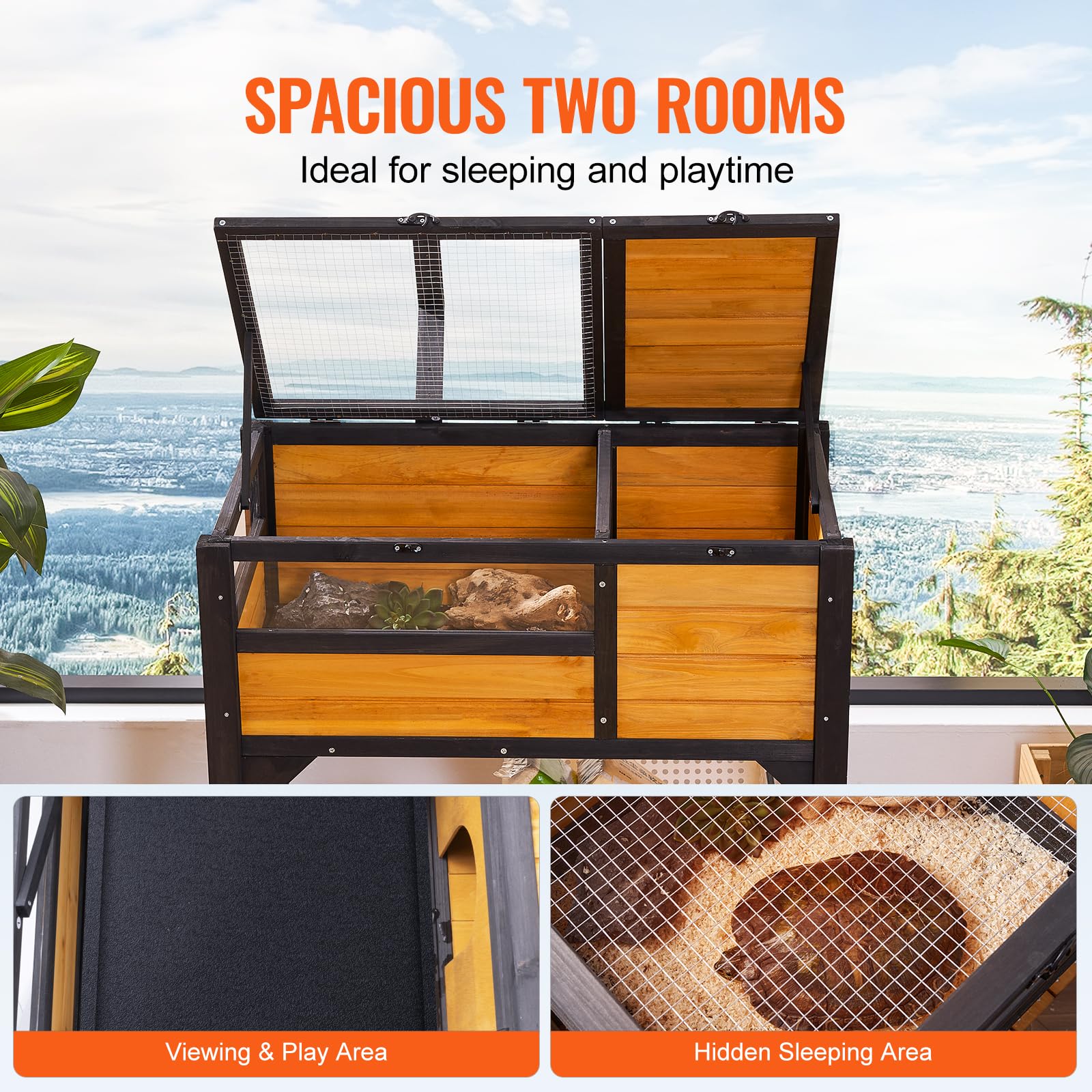 VEVOR Tortoise Habitat - Cedar Wooden Enclosure with Light Stand, 33"x19.7"x32.5", Indoor & Outdoor Use, Model MSH-T03, Wood + Black