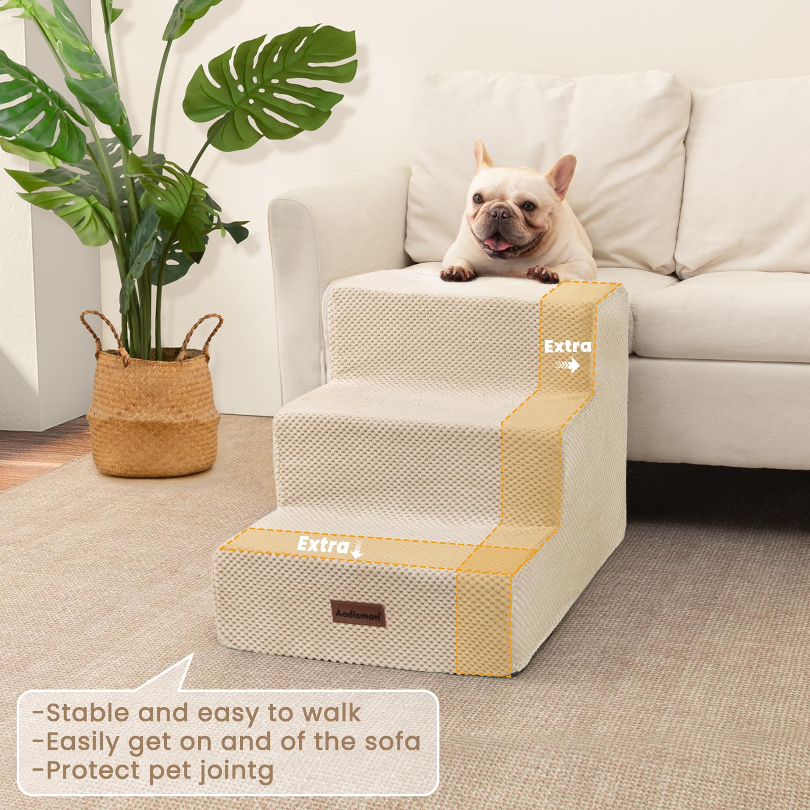 Aodisman Dog Stairs for Small Dogs & Cats, 3-Step Extra Wide Non-Slip Pet Steps for Couch Sofa and Chair, Beige, 15.7 H