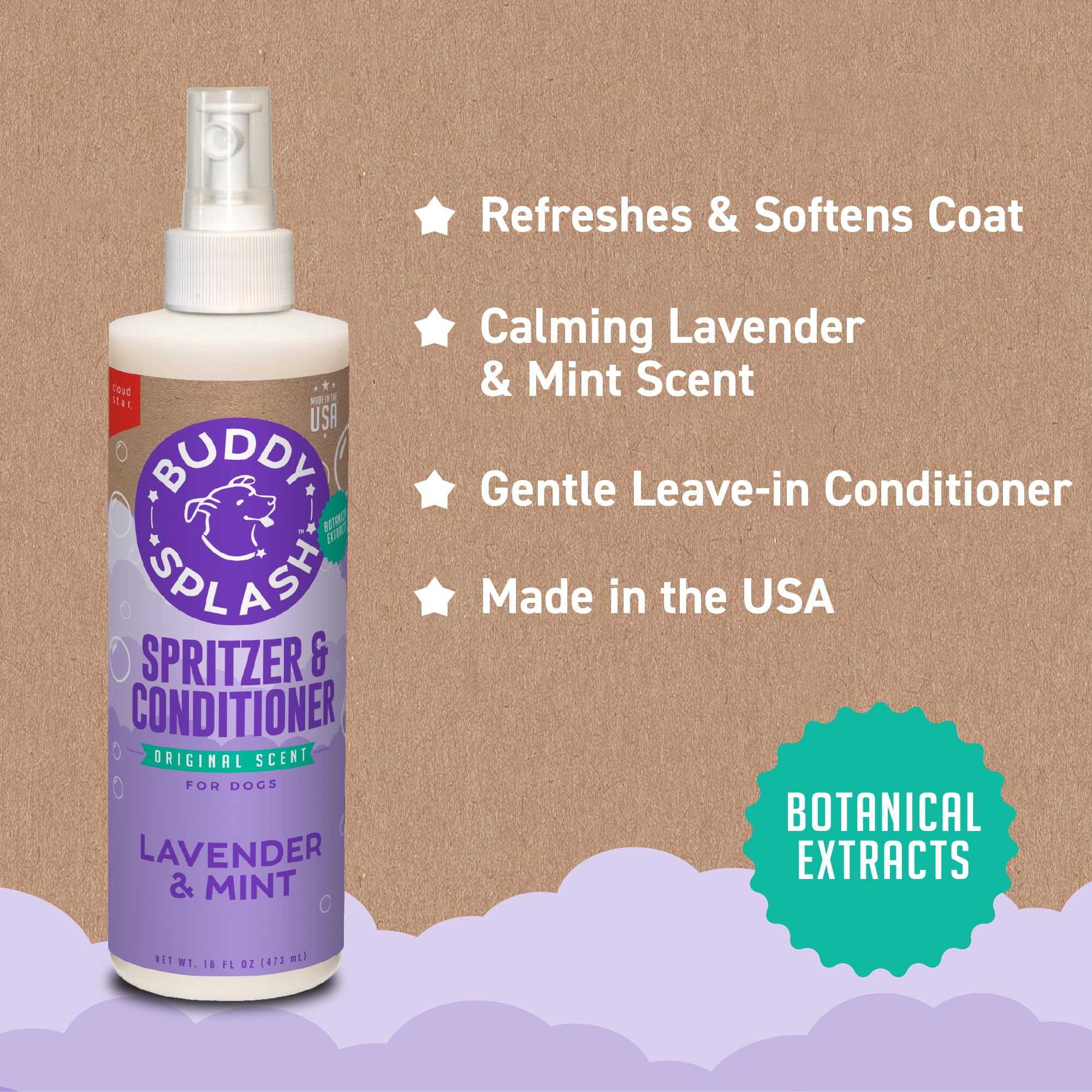 Buddy Splash Spritzer & Conditioner for Dog Grooming, Lavender & Mint, 16 oz. Bottle