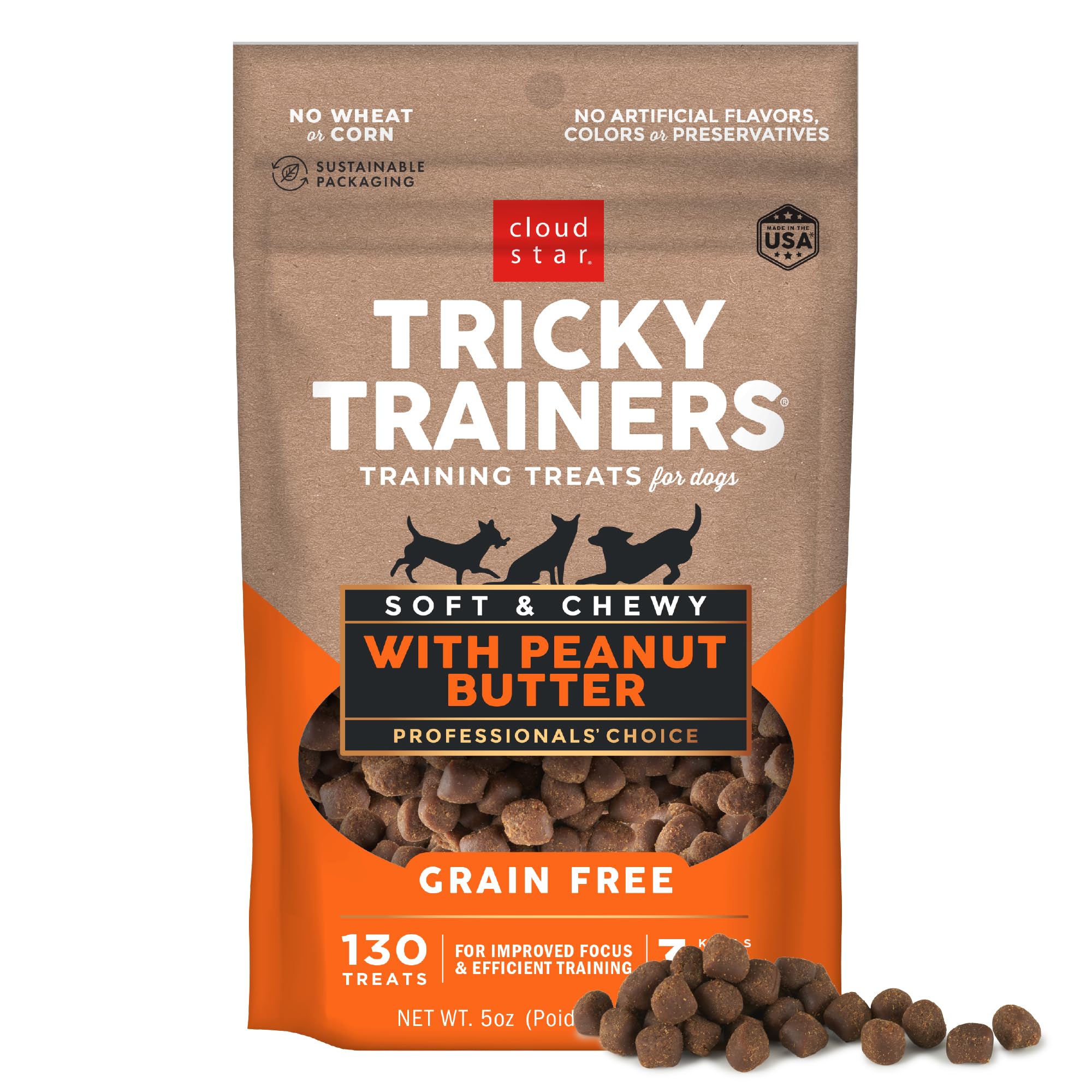 Cloud Star Tricky Trainers Soft & Chewy Dog Training Treats 5 oz. Bag, Peanut Butter Flavor, Grain-Free Low Calorie Behavior Aid