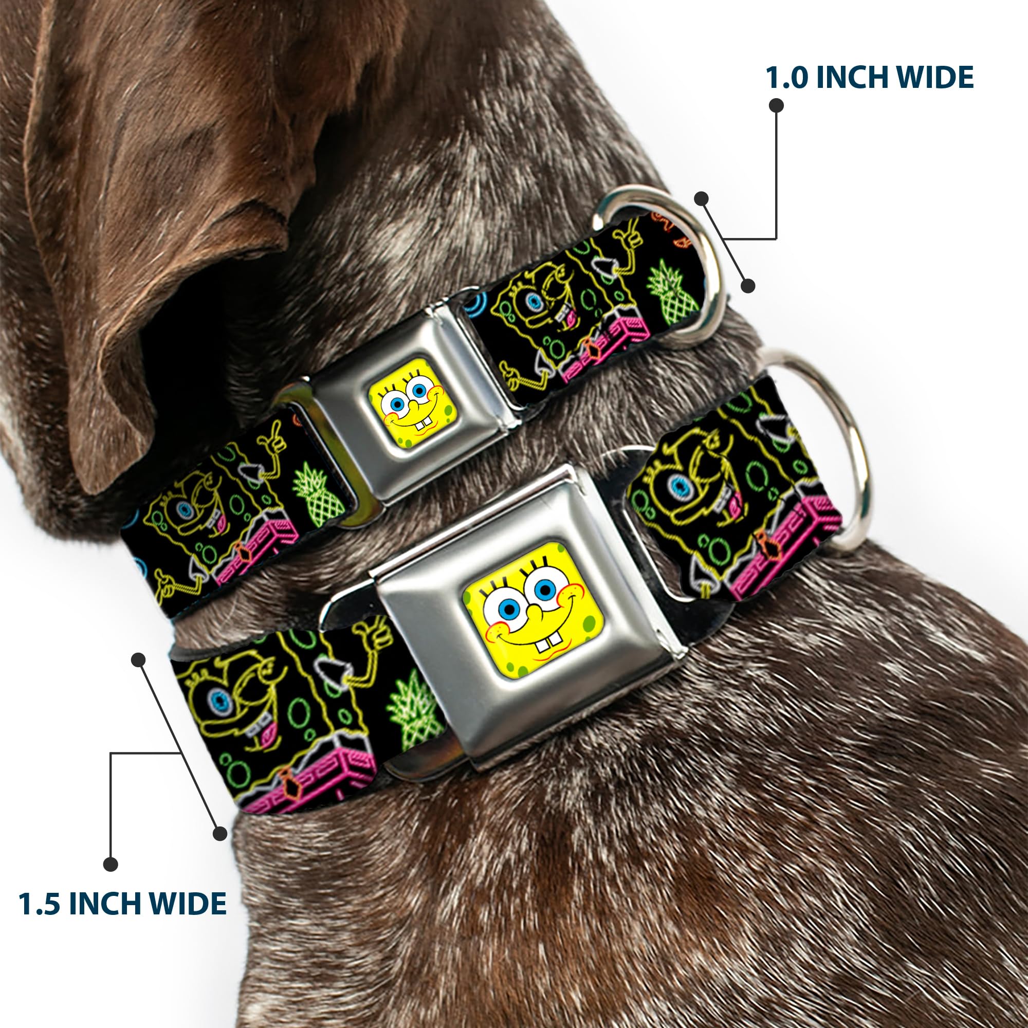 Buckle-Down Dog Collar Seatbelt Buckle Electric Spongebob Poses Elements Black Multi Color, 1' Wide - Fits 9-15' Neck - Small