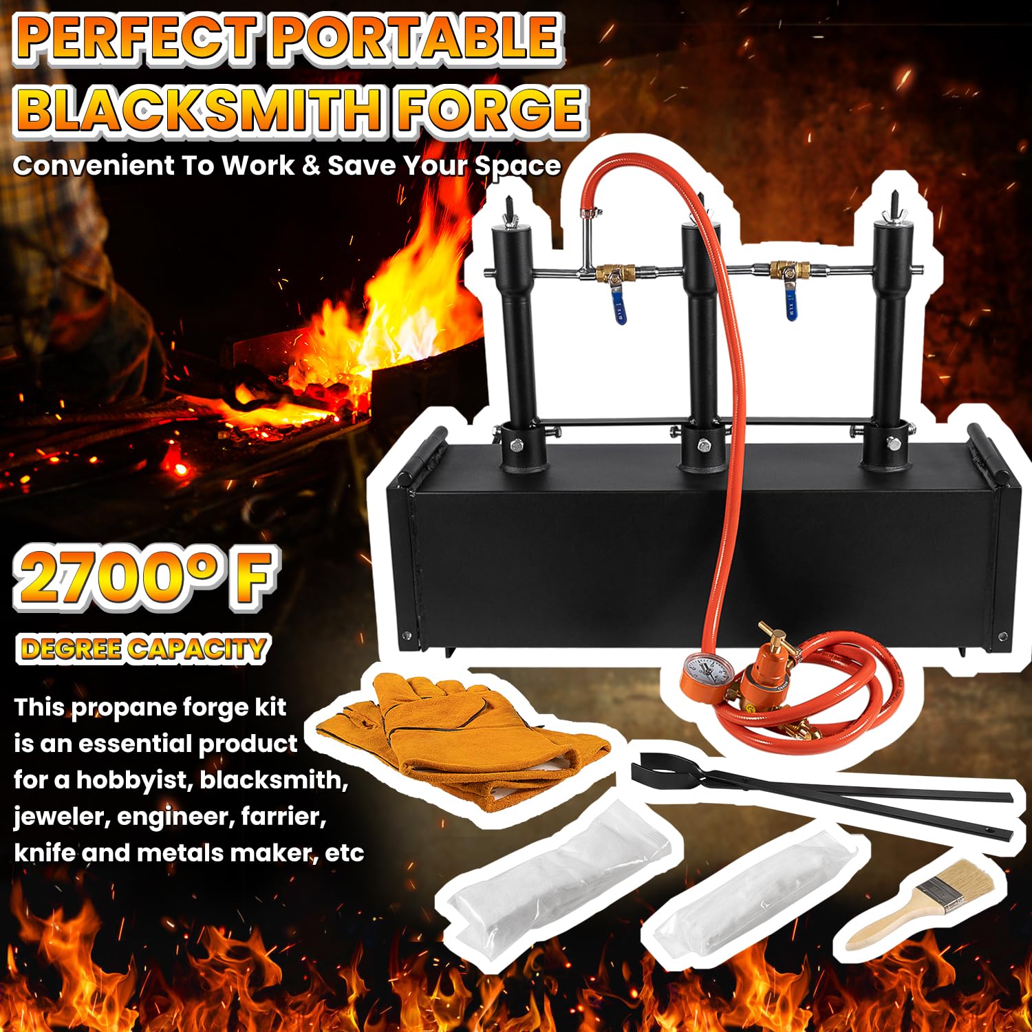 Triple Burners Portable Propane Gas Forge Three Burners 2700F/1482? Large Capacity Square Forging Furnace For Blacksmithing Farr